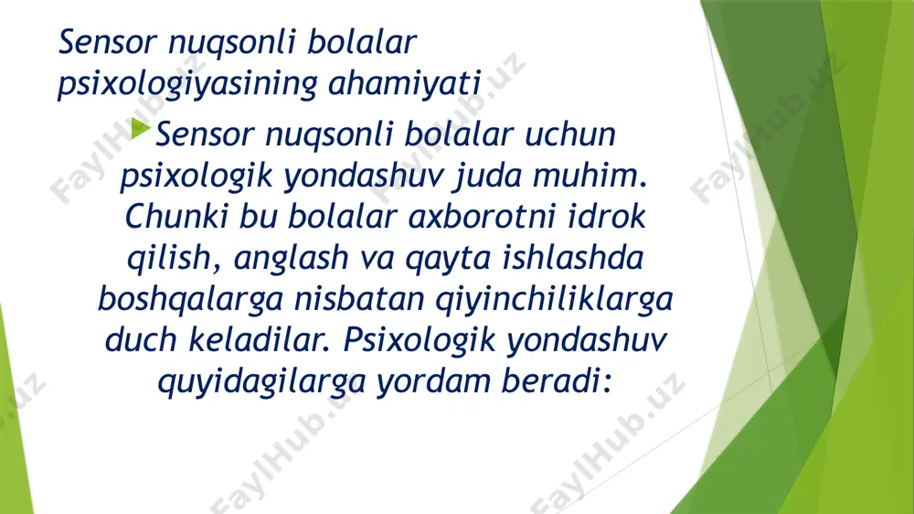yordam beradi. sensor nuqsonli bolalar jamiyatning to‘laqonli a’zolari bo‘lishi uchun maxsus pedagogik, psixologik va texnologik yondashuvlarni talab qiladi. ularning rivojlanishini qo‘llab-quvvatlashda individual yondashuv, inklyuziv ta’lim muhiti va maxsus moslashtirilgan vositalardan foydalanish muhimdir. asosiy xulosalar: ko‘rish, eshitish va boshqa sezgi nuqsonlariga ega bolalar uchun maxsus metod va texnologiyalar zarur. ularning imkoniyatlarini kengaytirish uchun sensor terapiya, adaptiv o‘quv materiallari va ijtimoiy ko‘nikmalarni rivojlantirish muhim. jamiyatning qo‘llab-quvvatlashi, oila va o‘qituvchilar bilan hamkorlik ularning muvaffaqiyatli integratsiyasiga yordam beradi. sensor nuqsonli bolalarga qulay shart-sharoit yaratish nafaqat ularning hayot sifatini oshiradi, balki jamiyatda inklyuziya va tenglik tamoyillarini mustahkamlaydi. foydalanilgan adabiyotlar: 1. выготский л.с. – психология развития ребенка. издательство: эксмо-пресс, смысл, 2004 г. – 512 с. – (серия «библиотека всемирной психологии») 2. f. qodirova, sh. toshpo‘latova, m. a’zamova – maktabgacha pedagogik: “tafakkur”, toshkent, 2019 yil.). 3.“google books” etiboringiz uchun rahmat☺️ image1.jpeg image2.jpeg image3.jpeg image4.jpeg image5.jpeg image6.jpeg image7.jpeg /docprops/thumbnail.jpeg