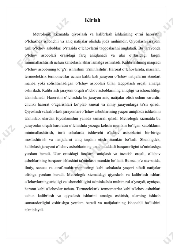 beradi. kalibrlash kalibrlash o‘lchov asboblarini standartlar yoki ma'lum bir referens manba bilan solishtirish orqali amalga oshiriladi. bu jarayon o‘lchov asboblarining to‘g‘ri ishlashini va o‘lchovlarning aniqligini ta'minlaydi. kalibrlashda o‘lchov asbobining harorat, bosim, kuch yoki boshqa o‘lchovlarni qaysi darajada to‘g‘ri o‘lchashini aniqlash uchun standart o‘lchov manbalaridan foydalaniladi. agar o‘lchov asbobining natijalari normal diapazondan chetga chiqqan bo‘lsa, u sozlanadi yoki yangilanadi. kalibrlash jarayoni o‘lchov asboblarining uzun muddatli ishlashini kafolatlaydi. o‘lchov asbobining doimiy ravishda to‘g‘ri ishlashini ta'minlash uchun kalibrlash muntazam ravishda amalga oshiriladi. bu o‘lchovlarni ishlab chiqarish va nazorat qilish jarayonlarida o‘lchovlarning yuqori sifatini va ishonchliligini ta'minlaydi. o‘lchov asboblarining kalibrlash orqali barqaror ishlashini ta'minlash, yuqori sifatli mahsulot ishlab chiqarish va muhim ilmiy tadqiqotlarni o‘tkazishda muvaffaqiyatga erishish uchun zarurdir. metrologik xizmatdagi roli metrologik xizmatdagi qiyoslash va kalibrlash jarayonlari o‘lchov asboblarining ishlashini tekshirish va ularni kerakli standartlarga moslashtirishga yordam beradi. bu jarayonlar, o‘z navbatida, o‘lchovlar sifatini oshirish, xatoliklarni kamaytirish va natijalar sifatini yaxshilashga olib keladi. metrologik …