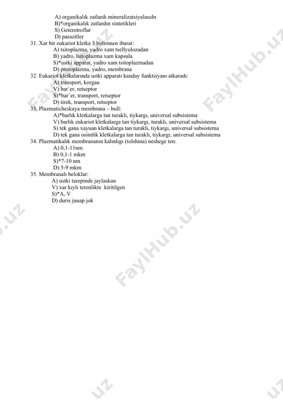 kargı, turaklı, universal subsistema s) tek gana xayuan kletkalarga tan turaklı, tiykargı, universal subsistema d) tek gana osimlik kletkalarga tan turaklı, tiykargı, universal subsistema 34. plazmatikalık membrananın kalınlıgı (tolshina) neshege ten: a) 0,1-11nm b) 0,1-1 mkm s)*7-10 nm d) 5-9 mkm 35. membranalı beloklar: a) ustki tarepinde jaylaskan v) xar kıylı terenlikte kiritilgen s)*a, v d) durıs juuap jok