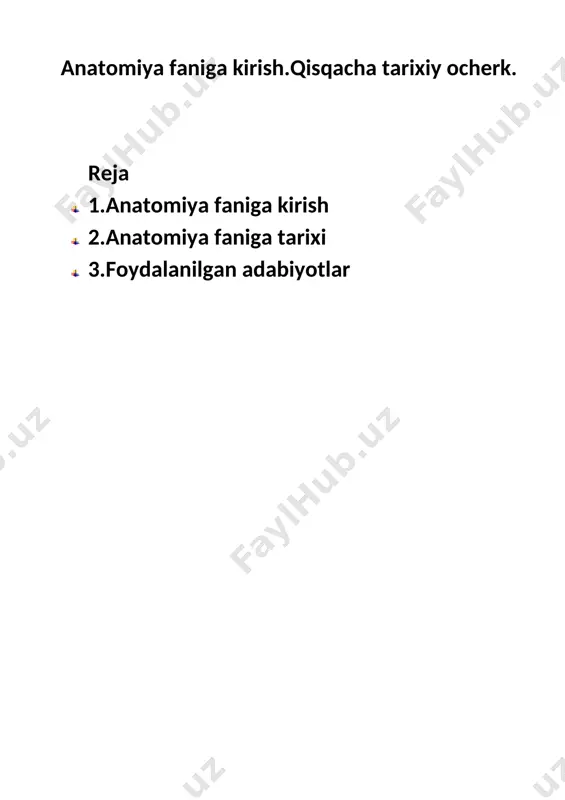 ashqaridagi proyeksiyalarim ham o'rganadi. patologik anatomiya a’zo va to‘qimalaming turli kasalliklarda o'zgarishini o'rganadigan fandir. yoshga doir anatomiya oiganizmning tug'ilganidan boshlab, to hayotining oxirigacha bo'lgan davmi o'rganadi. 2.anatomiya fanining tarixi anatomiya fani boshqa fanlar qatori juda uzoq rivojlanish yo‘lini bosib o‘tdi. ammo qadimda odam murdasini kesib o'rganish gunoh hisoblangan, unga intilganlar esa hatto o ‘lim jazosiga ham hukm etilgan. aslida, odam organizmini o'rganish ilmiy tibbiyot davridan ancha keyinroq boshlangan. i anatomiyaning haqiqiy rivojlanish davri qadimiy yunonistondan boshlangan. kos va knidos tibbiyot maktablari tashkil etilib, unda ko'pchilik yunon olimlari tahsil olganlar. pifagor (eramizdan awalgi 590-yillarda yashagan). u hamma naisa urug'dan paydo bo'lishini aytgan va tirik moddalaming kelib chiqishini o ‘igangan. alkmeon krotonskiy (eramizdan 500 yillar ilgari yashagan) o'likni yorib ko’rib anatomiya haqida kitob yozgan. u birinchi bo'lib miya aqliy faoliyatmarkazi ekanligini tasdiqlagan. gippokrat (buqrot) (eramizdan oldingi 460—377-yillar) tibbiyot ilmining otasi, organizmning asosini to'rt xil suyuqlik: qon, shilliq, o ‘t va qora o4 …