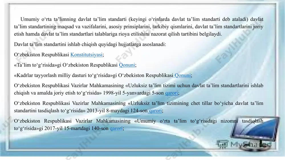 qichlari bilan uzluksizligi va ta’lim mazmunining uzviyligi umumiy o‘rta ta’lim mazmunining respublikadagi barcha hududlarda birligi va yaxlitligi; umumiy o‘rta ta’limning mazmuni, shakli, vositalari va usullarini tanlashda innovatsiya texnologiyalariga asoslanilganligi; o‘quvchilarda fanlarni o‘rganish va ta’lim olishni davom ettirish uchun tayanch va fanlarga oid umumiy kompetensiyalarni rivojlantirishning ta’minlanganligi; rivojlangan xorijiy mamlakatlarning ta’lim sohasida me’yorlarni belgilash tajribasidan milliy xususiyatlarni hisobga olgan holda foydalanish. o‘zbekiston respublikasi prezidentining “ta’lim-tarbiya tizimini yanada takomillashtirishga oid qo‘shimcha chora-tadbirlar to‘g‘risida” 2020-yil 6-noyabrdagi pq-4884-son qarori ijrosini ta’minlash, shuningdek, umumiy o‘rta ta’lim tizimida fanlarni o‘qitish metodikalari, uzluksiz metodik xizmat ko‘rsatish tartibi va o‘qituvchilarning kasbiy mahoratini oshirish, ta’lim jarayoniga zamonaviy ta’lim texnologiyalarini joriy etish maqsadida vazirlar mahkamasi qaror qiladi: 1. quyidagilar o‘zbekiston respublikasi xalq ta’limi vazirligi huzuridagi respublika ta’lim markazining (keyingi o‘rinlarda — markaz) asosiy vazifalari etib belgilansin: umumiy o‘rta ta’limning davlat ta’lim standarti, tayanch va variativ o‘quv rejalari hamda dasturlarini ishlab chiqish; xalq ta’limi vazirligi buyurtmasiga asosan tuzuvchilarni tanlash hamda darsliklar …