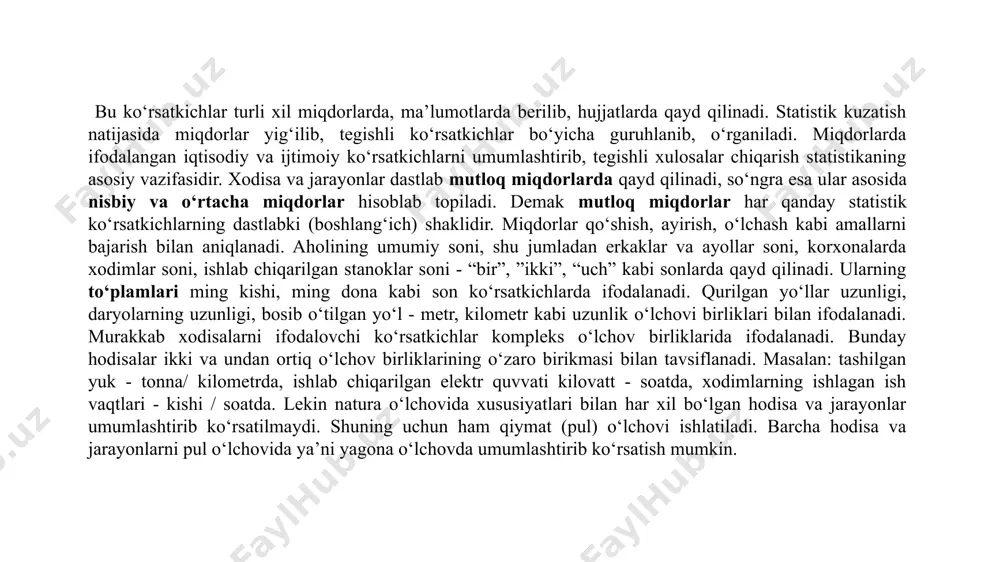 qea va hodisalaming sodir bo‘lishini qayd qilish vaqtiga qarab uch turga-uzluksiz, fursatli va bir y o ia kuzatishga ajratish mumkin. uzluksiz kuzatish deganda hodisalar ro‘y berishi bilanoq qayd qilinadigan kuzatish tushuniladi. masalan, bola tug‘ilishi, nikohdan o‘tish kabi voqea (hodisa)lar sodir bo‘lishi bilanoq, ya’ni o ‘sha kunning o‘zidayoq qayd etiladi 3 statistik kuzatishning dasturiy-uslubiy va tashkiliy masalalari statistik kuzatishni tashkil qilish va uni o‘tkazishda qo'pol xatolarga yo‘l qo‘yilsa, statistik kuzatish natijalarining samaradorligi pasayadi. shuning uchun ham bu murakkab ishni boshlashdan oldin har tomonlama muhokama va ekspertiza qilingan kuzatish rejasini tuzish zarur. statistik kuzatish rejasi dasturiy-uslubiy va tashkiliy masalalarni o ‘z ichiga oladi. statistik kuzatishning dasturiy-uslubiy masalalari quyidagilardan tashkil topadi: kuzatish maqsadi va vazifalari; kuzatish dasturi; kuzatish obyekti va birligi; kuzatish formulyari va yo‘riqnoma. har bir ishni bajarishdan oldin uni nima uchun bajarayapmiz o ‘zi, maqsad nima, degan savollarga javob bo‘lishi kerak. bu tamoyil statistik kuzatishga ham to iiq tegishli. demak, aniq …