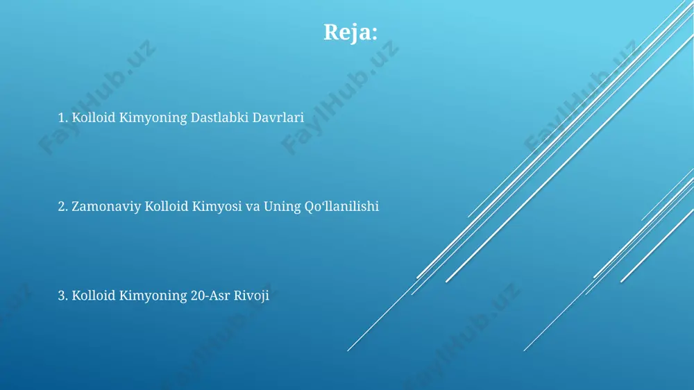i newton qonunlariga bo’ysunmaydi va bu xossalar kolloid zarrachalarining o’lchami va kontsentratsiyasiga, shuningdek, eritmaning 20-30°c haroratiga bog’liq. kolloid kimyoning rivojlanishi va yangi usullar 1960-yillardan keyin, yaponiya va evropaning turli mamlakatlarida kolloid qoplamalar va nanozarrachalarni sintez qilish bo‘yicha intensiv tadqiqotlar olib borildi, bu jarayonlarda sol-gel usuli va mikroemulsiya texnologiyalari keng qo‘llanildi. 19-asr oxiri va 20-asr boshlarida, germaniyaning giessen va göttingen universitetlarida kolloid kimyo bo‘yicha tadqiqotlarning jadal rivojlanishi kuzatildi, bu esa bir qator yangi analitik usullar, jumladan, ultramikroskopiya va elektroforezning paydo bo‘lishiga olib keldi. 20-asrning o‘rtalaridan boshlab, rossiya va aqshda kolloidlarning fizik-kimyoviy xossalarini aniqlash uchun rentgenografiya va yadro magnit rezonansi kabi zamonaviy usullar qo‘llanila boshlandi, bu esa yangi materiallarni yaratishga imkon berdi. e'tiboringiz uchun rahmat @taqdimot_robot