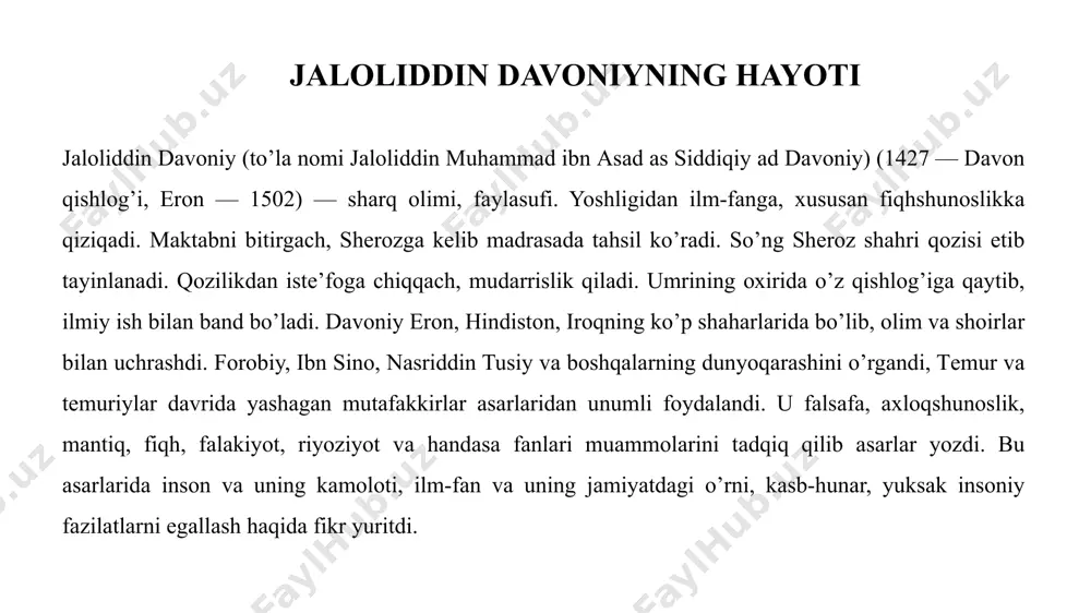 va mardlikni anglatib, insonning qiyinchiliklardan qo‘rqmasligiga asos bo‘ladi. iffat – axloqiy poklik va odob-axloq me’yorlariga rioya qilishni bildiradi. kasb-hunar insonning jamiyatda tutgan o‘rni va hayot tarzi bilan bog‘liq bo‘lib, uch turga bo‘linadi. birinchisi, insonning aqliy faoliyati bilan bog‘liq bo‘lib, ilm-fan va fikriy mehnatni o‘z ichiga oladi. ikkinchisi, ta’lim-tarbiya natijasida shakllanuvchi kasblar bo‘lib, o‘qituvchilik, murabbiylik va ma’naviy yetakchilikni o‘z ichiga oladi. uchinchisi esa insonning jismoniy shijoati va jasorati bilan bog‘liq bo‘lib, harbiylik, hunarmandchilik va jismoniy mehnatni talab qiladigan kasblarni qamrab oladi. g‘azab va uning zararli ta’siri g‘azab insonning eng zararli hissiyotlaridan biri bo‘lib, u ruhiy holatni izdan chiqarishi va insonni nazoratsiz harakatlarga undashi mumkin. jaloliddin davoniy g‘azabni eng og‘ir ruhiy kasalliklardan biri deb ta’riflaydi, chunki u inson tafakkuri va axloqiy kamolotiga jiddiy zarar yetkazadi. agar insonning aqli g‘azabga bo‘ysunsa, u o‘zidan nazoratni yo‘qotib, hayvon darajasiga tushishi, ya’ni faqat his-tuyg‘ulariga asoslangan holda harakat qilishi mumkin. bu esa insonni axloqiy tubanlikka yetaklaydi. shuning …