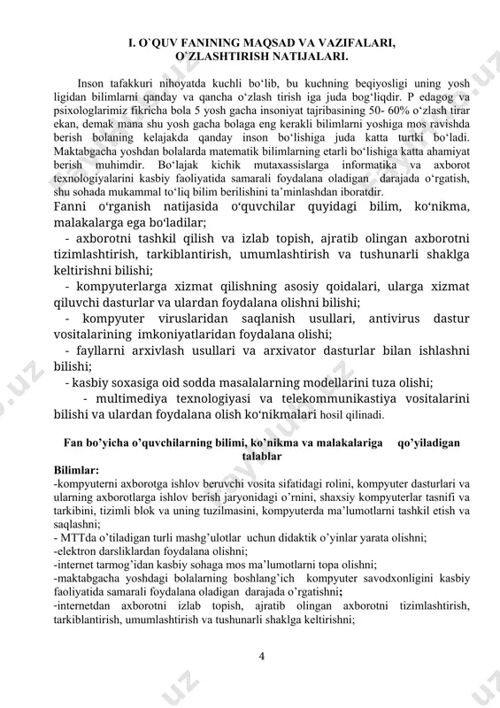 vomida qo’llashko’nikmalariga ega bo’lishi kerak. fanni o’qitishda foydalaniladigan zamonaviy axborot va pedagogik texnologiyalar. fanni o’qitishda zamonaviy axborot texnologiyalarni qo’llashda fanni o’zlashtirish uchun omil bo’ladigan zamonaviy axborot texnologiyalarning ahamiyati va o’rni beqiyosdir. o’quv jarayonini sifatli tashkil etish maqsadida axborot texnologiyalaridan foydalanish o’quvchilarning kasbiy tayyorgarligini oshirish va kasbiy ko’nikmalarini rivojlantirishda ham muhim omil bo’lib hisoblanadi. ta’lim metodlarini tanlashda har bir darsning didaktik vazifasidan kelib chiqib,yondoshish maqsadga muvofiqdir. buning uchun dars oqilona tashkil etilishi, pedagog tomonidan ta’lim oluvchilarning qiziqishi o’rganilib, ta’lim jarayonida faolligi muttasil ta’minlanishi, o’quv materialini kichik-kichik bo’laklarga bo’lib, ularning mazmunini ochib berishda har bir uslubdan o’z o’rnida foydalanish, ta’lim oluvchilarni amaliy mashqlarni mustaqil bajarishga undash talab etiladi. ana shunday faol ta’lim uslublaridan biri ”case study” hisoblanadi. yana fanni o’tishda “tarmoqlar”, “sinkveen”, “hamkorlikda o’qitish”, “bbb”, “moychechak metodi”, “baxs munozara”, “davra suhbati”, kabi texnologiyalardan, shuningdek ,audio, video, kompyuter texnikasidan foydalaniladi. ii. “kasbiy faoliyatda axborot texnologiyalari” fanidan namunaviy dastur asosida tuzilgan ishchi dastur soatlarining …
