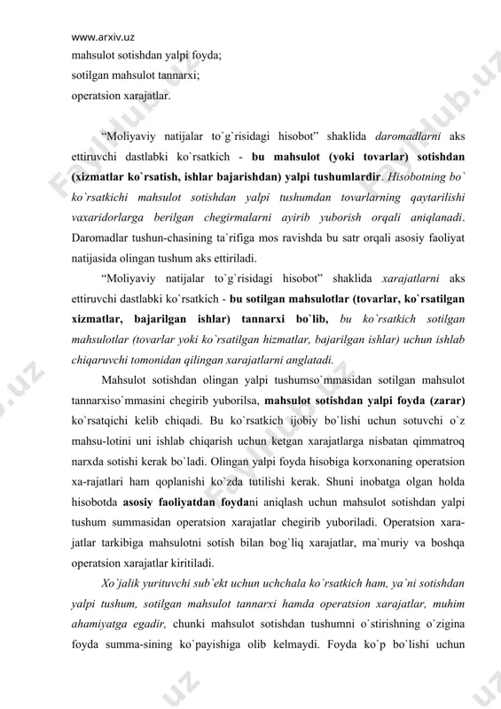 dan tushumni o`stirishning o`zigina foyda summa-sining ko`payishiga olib kelmaydi. foyda ko`p bo`lishi uchun operatsion xarajat-larni imkon qadar kamaytirish ham talab etiladi. albatta, mahsulot tannarhini pasaytirish yo`llari topilishi ham ko`zda tutilishi kerak. moliyaviy natijalar to`g`risidagi hisobotda moliyaviy faoliyat bo`yicha olingan natijalar alohida aks ettiriladi. ular jumlasiga daromadlar sifatida olingan dividendlar, foizlar, moliyaviy ijara daromadlari, valyuta almashinuv kurslaridagi ijobiy farqlar kabilar, xarajatlar sifatida esa to`langan dividendlar, foizlar, moliyaviy ijara to`lovlari, valyuta almashinuv kurs-laridagi manfiy farqlar kabilar kiradi. moliyaviy faoliyat bo`yicha daromadlar va xarajatlarning algebraik yig`indisi moliyaviy faoliyat bo`yicha foyda yoki zararni ko`rsatadi. asosiy va moliyaviy faoliyat natijalari yig`indisi xo`jalik yurituvchi sub`ektlar umumxo`jalik faoliyatidan olingan foyda yoki zarar ko`rsatkichi sifa-tida aks ettiriladi.umumxo`jalik faoliyatidan olingan foyda yoki zarar ko`rsat-kichiga favqulodda foyda yoki zararlarni qo`shsak, soliqqa tortilgunga qadar foy-da yuzaga keldi.soliqqa tortilgunga qadar foyda summasidan foyda soligi va qonunchilikka asosan zahira kapitaliga qilingan ajratmalar summasini ayirib tashlagudek bo`lsak, xisobot yilining sof foydasi yuzaga keladi. 1. …