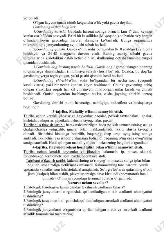 yan bosqichida hayvon sog‘ligining bir qadar yaxshilanishiga aytiladi. retsidiv holat deb, organizm sog‘ayganidan keyin kasallikning qaytadan avj olishi, qaytalanishiga aytiladi. sanogenez - organizmning sog‘ayishi. o‘lim deb, organizm vazifalarining yashashga iloji qolmaydigan darajada butunlay to‘xtashiga va organizmning tashqi muhit talablariga javob bermay, organizm yashovchanligini, moslashuvchanligini yo‘qolishiga aytiladi. o‘limning sabablari: mexanik, fizik, kimyoviy va biologik ta’sirotlardir. ana shu ta’sirotlardan nafas va yurak tomirlar sistemasi faoliyatini bashqarib turadigan markazlar shkastlanadi. yurak urishi va nafas olish to‘xtaydi. oqibatda, to‘qima va hujayralarga kislorod yetkazib berilmaydi, ularda kechayotgan assimilyasiya va dissimilyasiya jarayonlari butunlay to‘xtaydi. demak, o‘lim ro‘y beradi. o‘limning quyidagi turlari farqlanadi: 1.mahalliy o‘lim: a). fiziologik b). patologik 2.umumiy o‘lim: a). fiziologik b). patologik fiziologik (tabiiy) o‘lim batamom qarish natijasida ro‘y beradi va 2% atrofida bo‘ladi. patologik (bevaqt) o‘lim turli kasalliklar hamda fojialar oqibatida ro‘y beradi va 98% atrofida bo‘ladi. patologik o‘lim o‘z navbatida quyidagilarga bo‘linadi: 1. majburiy o‘lim: a). qasddan o‘ldirish; b). favqulotdagi yoki baxtsiz …