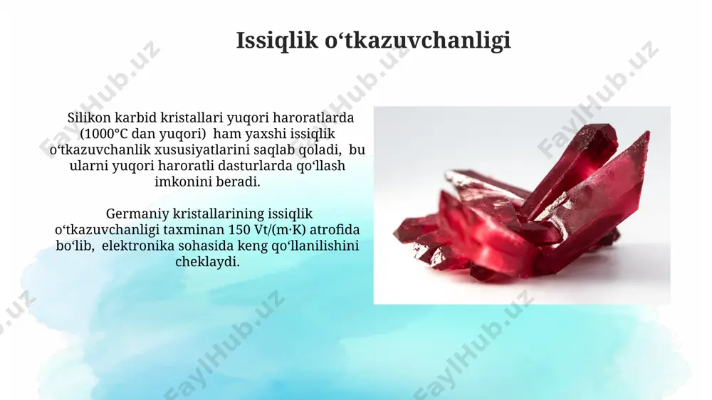 ккилувчан нур синдириш кўрсаткичи, тахминан 1,7 ва 1,8 ўртасида бўлиб, самарқанд университетидаги тадқиқотларда аниқланган. оптик хусусиятларининг аниқлиги кристалл тузилишига, масалан, кварц кристалларининг 1500 нм гача бўлган нурларни ўтказиш қобилиятига, тошкентдаги фанлар академияси томонидан аниқлангандек, боғлиқдир. zichlik зичликни аниқлаш учун архимед қонунидан фойдаланилади. ўзбекистонда топилган айрим кристалларнинг зичлигини аниқлаш учун 20°с ҳароратда сувда ўлчовлар ўтказилади ва ҳисоб-китоблар амалга оширилади. турли минералларнинг зичлиги 2,5 дан 10 г/см³ гача ўзгариб туради. масалан, кварцнинг зичлиги 2,65 г/см³, алмасники эса 3,52 г/см³ ни ташкил этади. бу фарқ кристалл панжарасининг тузилиши билан боғлиқ. qattiqlik mineral qattiqligi, masalan, 7 darajali kvarts yoki 2 darajali gips kabi, uning kristall panjarasining tuzilishi va kimyoviy tarkibi bilan bog'liq bo'lib, bu xususiyatlar buyuk britaniyaning mineralogik muzeylarida keng o'rganiladi. qattiqlik mohs shkalasi bo'yicha 10 ball bilan o'lchanadigan olmos kabi ba'zi kristallar, masalan, 7 ballga ega kvartsga nisbatan ancha yuqori qattiqlikka ega bo'lib, bu ularning atomlar orasidagi kuchli bog'lanishlarni ko'rsatadi. e'tiboringiz uchun rahmat …