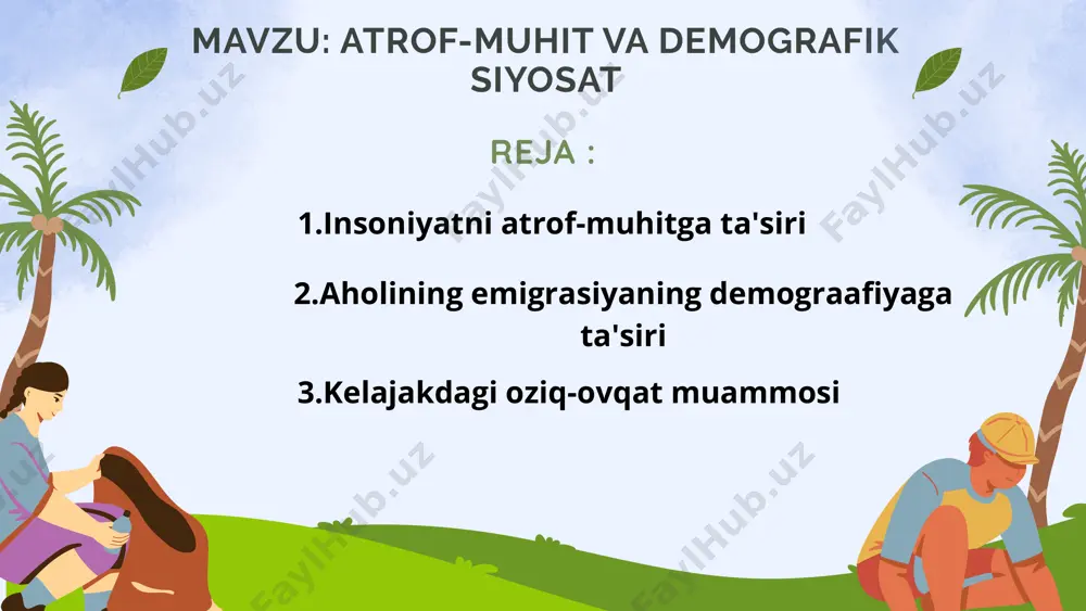 chida kislotali yomg’irlar ayrim davlatlarda haqiqiy ekologik falokatga aylanib qoldi. har qanday qazilma yoqilg’i yondirilganda chiqindi gazlar tarkibida oltingugurt va azot oksidlari ko’p bo’ladi. atmosferaga millionlab tonna chiqarilayotgan bu birikmalar yomg’irni kislotaga aylantiradi. hozirgi vaqtda havoning ifloslanishida avtotransportlarning hissasi ortib bormoqda. dunyo bo’yicha 8 mln. dan ortiq avtomobil har kuni havoga 100 minglab tonna zararli birikmalar chiqaradi. avtomobil tutunida 200 dan ortiq zararli birikmalar mavjud. bu davlatning aholi tugʻilish darajasiga darajasiga oʻzi xohlagan yoʻnalishda taʼsir koʻrsata olishi uchun moʻljallangan iqtisodiy, ma’muriy, targʻibot -tadbirlari majmuidir. oʻzi xohlagan yoʻnalishda ta’sir koʻrsatadigan iqtisodiy, ma’muriy, targʻibot tadbirlari majmuyi. demografik siyosat demografik siyosatga misol qilib, ikkinchi jahon urushidan keyin yuzaga kelgan demografik inqiroz tufayli demografik siyosatni rivojlantirishga alohida e’tibor qaratildi. hattoki muammolar bmt bosh assambleyasi sessiyalarida muhokama qilindi va 1969-yilda maxsus fond unfpa tuzildi. sssrda koʻp bolali oilalarni rag’batlantirish, moddiy va ma’naviy qo’llab-quvvatlash siyosati olib borildi. 1980-yillarda tugʻilish darajasining pasayib borishi kuzatilgach, ragʻbatlantirish ishlari yanada …