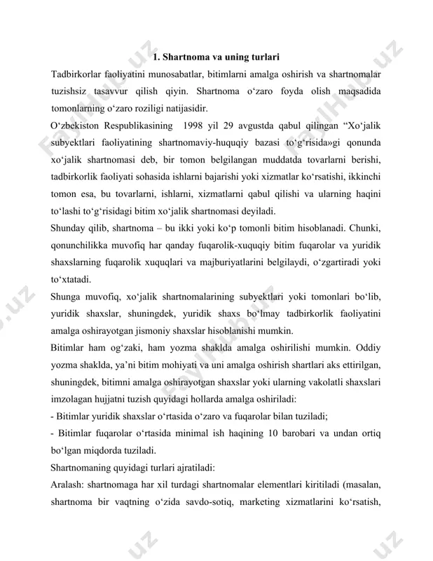 g xizmatlarini ko‘rsatish, qurilish ishlari ko‘zda tutilishi mumkin). tegishli tarzda, bunday shartnomani tuzishda shartnoma bo‘yicha har bir ish turlarini bajarish shartlarigina emas, balki har bir majburiyat bajarilishi uchun mukofotlash mexanizmi ham aniq belgilab olinishi zarur. amalda esa, turli kelishmovchiliklar va nizolardan qochish maqsadida bunday shartnomalarni tuzmay, balki har bir ish turlari bo‘yicha bir necha xildagi shartnomalarni tayyorlash tavsiya etiladi. oldindan ( uni yana «niyatlar bayonnomasi” deb ham ataydilar – tadbirkorlar o‘rtasida tuziladigan, juda ommaviy bitim turi): unda tomonlar keyinchalik asosiy shartnoma mazmuniga kiritiladigan shartlarda ishlarni bajarish, xizmatlar ko‘rsatish yoki mulkni sotish bo‘yicha kelgusida asosiy shartnomani tuzish majburiyatini oladilar. uchinchi shaxs foydasiga shartnoma – tomonlar,tomonlardan biri (qarzdor) majburiyatlarini bajarishi mazkur shartnoma bo‘yicha kontragentga (kreditorga) emas, qarzdordan o‘z foydasiga majburiyatlarni bajarishni talab qilish huquqiga ega bo‘lgan uchinchi shaxsga berilishini belgilab qo‘yadigan shartnomalar. birlashtirish shartnomasi – shartlarni tomonlardan biri belgilab qo‘ygan hamda ikkinchi tomondan taklif etilgan shartnomaga to‘liq qo‘shilish yo‘li bilangina qabul qilinishi …