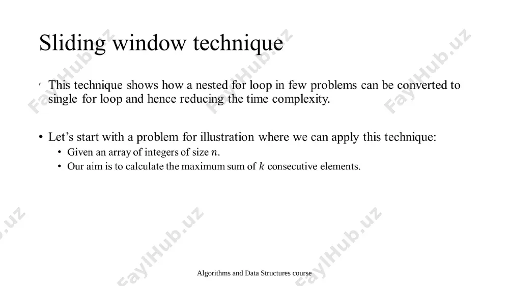 ements. let’s suppose array size is 10 and is 3 current sum: in the beginning need to calculate first 3 elements sum. algorithms and data structures course 10 8 6 13 11 15 1 50 2 10 sliding window technique problem visualization problem: given an array of integers of size . our aim is to calculate the maximum sum of consecutive elements. let’s suppose array size is 10 and is 3 current sum: 24 in the beginning need to calculate first 3 elements sum. algorithms and data structures course 10 8 6 13 11 15 1 50 2 10 sliding window technique problem visualization problem: given an array of integers of size . our aim is to calculate the maximum sum of consecutive elements. let’s suppose array size is 10 and is 3 best sum: 27 in every next step need to add next element to sum and remove first. …