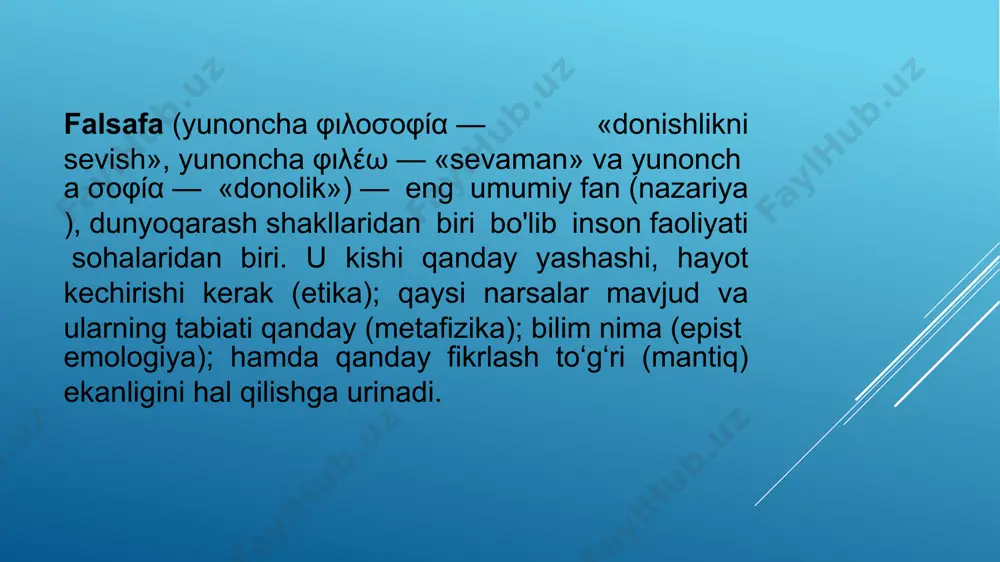 ʻz taʼsirini oʻtkazadi. ammo avesto gʻoyalari xalq ongidan butunlay chiqib ketmaydi milodiy 3-asrga kelib tenglik gʻoyalarini ilgari suruvchi moniylik taʼlimoti paydo boʻldi. bu taʼlimot mazdakiylar harakatinnnt maʼnaviy tayanchi boʻlgan. yunonistondagi falsafiy maktablar, asosan, miloddan avvalgi 6—5-asrlardan vujudga kela boshladi va uning taraqqiyot bosqichlari klassik ellinizm va rimellinizm davrlariga boʻlinadi. ellinistik f. davri sokratgacha davr (milet maktabi, eleya maktabi) va klassik (attik) f.ni (sokrat, platon, aristotel) oʻz ichiga oladi. sokratgacha davr f.si kosmologik (gilozoistik) f. va antropologik davrlarni oʻziga qamrab oladi. dastlabki kosmologik falsafiy taʼlimot falesga tegishli. u anaksimandr, anaksimen, ferekid, diogen bilan birgalikda ioniya naturfalsafa maktabiga mansub. ulardan soʻng borliq haqidagi taʼlimot bilan ksenofan, parmenid, zenon (eleyalik), meliss shugʻullanganlar. ular bilan birga pifagor maktabi (pifagor, fillolay, alkmeon, arxit; miloddan avvalgi 6—4-asrlar) faoliyat koʻrsatgan. falsafa tarixida inson muammosi. antik davrdan boshlab insonga bo’lgan qiziqish dam kuchayib, dam ma’lum vaqt pasayib turgan, lekin hyech qachon yo’qolmagan. «inson nima?», degan savol bugungi kunda …