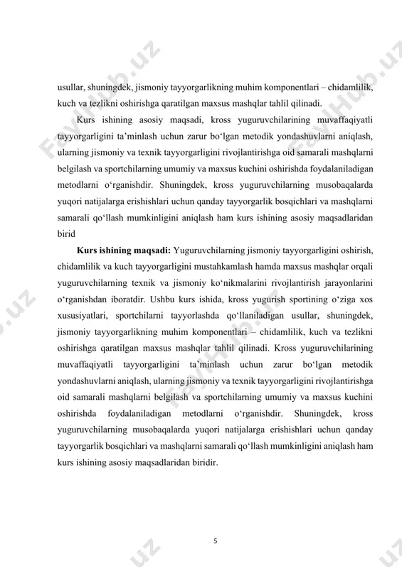 hun zarur bo‘lgan maxsus mashqlarni aniqlashdan iboratdir. bu ishda, kross yugurishning chidamlilik, kuch va tezlikni rivojlantirishdagi o‘rnini tahlil qilish, shuningdek, sportchilarning texnik va jismoniy tayyorgarligini oshirishga qaratilgan samarali mashqlarni o‘rganish maqsad qilib qo‘yilgan. kurs ishida kross yuguruvchilarning tayyorgarlik bosqichlari va bu bosqichlarning sportchilarni musobaqalarda yuqori natijalarga erishishga qanday ta'sir qilishi ko‘rsatiladi.kross yuguruvchilarning jismoniy va texnik tayyorgarligini oshirish jarayonini chuqur o‘rganish, bu boradagi samarali metodlarni aniqlash va sportchilarga maxsus mashqlarni qo‘llash orqali ularning musobaqalardagi ko‘rsatkichlarini yaxshilashdir. ishda kross yuguruvchilarning chidamliligini, kuchini va tezligini rivojlantirish uchun zarur bo‘lgan mashqlarni tahlil qilish, shuningdek, yugurish texnikasini takomillashtirishga qaratilgan yondashuvlarni ishlab chiqish ko‘zda tutilgan. shuningdek, ish davomida, kross yuguruvchilarining jismoniy va texnik tayyorgarlikda duch keladigan muammolarni aniqlash, bu muammolarni bartaraf etish uchun qo‘llanilishi kerak bo‘lgan metodik usullarni ishlab chiqish ham vazifalarga kiradi. kurs ishida maxsus mashqlar yordamida sportchilarning umumiy va maxsus kuchini rivojlantirish, yugurish texnikasini yaxshilash va ularni samarali harakat qilishga o‘rgatish bo‘yicha tavsiyalar berish …
