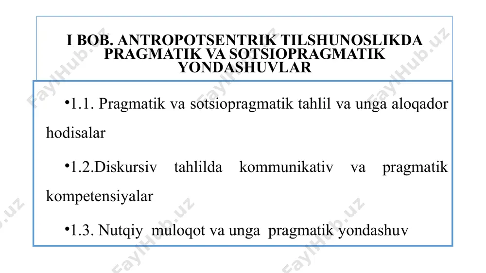 ya so'zlovchilarga ma'lum bir tildagi xabarni tushunish va bajarish imkonini beradigan lingvistik shakllar, ularning funksiyalari va ijtimoiy konvensiyalarni amaliy tushunish sifatida aniqlanadi. tа’sir birliklаri ikki guruhgа bo’linadi: i. ichki tа’sir birliklаri. bungа аdrеsаnt yoki аdrеsаt shахsi bilаn bеvоsitа bоg’liq quyidаgi bеlgi-хususiyatlаr kirаdi: 1. millаti. 2. jinsi. 3. yoshi. 4. ijtimоiy bеlgilаri. 5. tа’sir birliklаrgа yaqinlik dаrаjаsi. ii. tаshqi tа’sir birliklаri. bungа mulоqоtgа bilvоsitа tа’sir etuvchi quyidаgi tаshqi оmillаr kirаdi: 1. mulоqоt vаqti. 2. vаziyat. 3. ijtimоiy hоlаt. matn tuzilishini shakllantiruvchi implitsit axborot ifodalash vositalari pretsedentlik presuppozitsiya propozitsiya relevantlik inferensiya implikatura 2.1.badiiy asarning pragmatik, sotsiopragmatik xususiyatlari. 2.2. badiiy matnda kommunikativ intensiya ifodasi. o‘lmas umarbekov asarlarida leksik-grammatik birliklarda kommunikativ intensiyaning voqelanishi. 2.3. o‘lmas umarbekov asarlarida frazeologik birliklar orqali kommunikativ intensiyaning ifodalanishi. ii bob. badiiy asarning pragmatik, sotsiopragmatik talqini pragmatik aspektda hamma narsa ongdagi fikr, miyadagi asosiy kod bilan bog‘liq. tafakkur fanning ko‘plab sohalari bilan bog‘liq bo‘lsa-da, kod millat, til va din bilan …