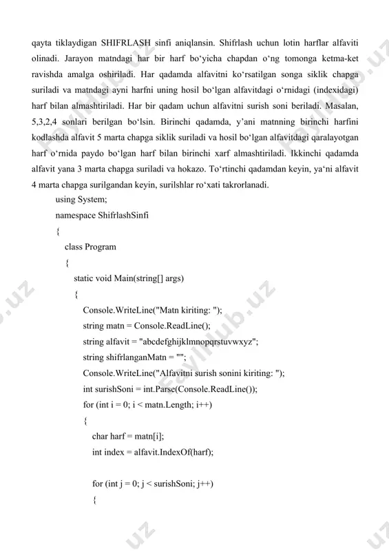 ritetobankfile(account1, account2, amount, interest, year, address); } static void writetobankfile(string account1, string account2, decimal amount, decimal interest, int year, string address) { using (streamwriter writer = new streamwriter("bank.txt", true)) { writer.writeline($"{account1} {account2} {amount} {interest} {year} {address}"); } } } } 9.13. ekran tekisligida quyidagi nuqta atrofida aylanuvi to'g'ri burchakli uchburchak tasvirlansin: a) o'z markazi atrofida; b) o'z uchlaridan biri atrofida. c# kodi using system; namespace uchburchak { class program { static void main(string[] args) { console.writeline("uchburchakning yuqori tomonini kiriting:"); double yuqori = double.parse(console.readline()); console.writeline("uchburchakning qisqa tomonini kiriting:"); double qisqa = double.parse(console.readline()); double hipotenuza = math.sqrt(math.pow(yuqori, 2) + math.pow(qisqa, 2)); double sina = qisqa / hipotenuza; double cosa = yuqori / hipotenuza; console.writeline("uchburchakning markazi atrofida:"); console.writeline("(" + (qisqa / 2) + ", " + (yuqori / 2) + ")"); console.writeline("uchburchakning birinchi uchi atrofida:"); console.writeline("(" + (qisqa / 2) + ", 0)"); console.readkey(); } } } 10.27. talabalar guruhini tavsivlovchi talaba_guruhi sinfi …