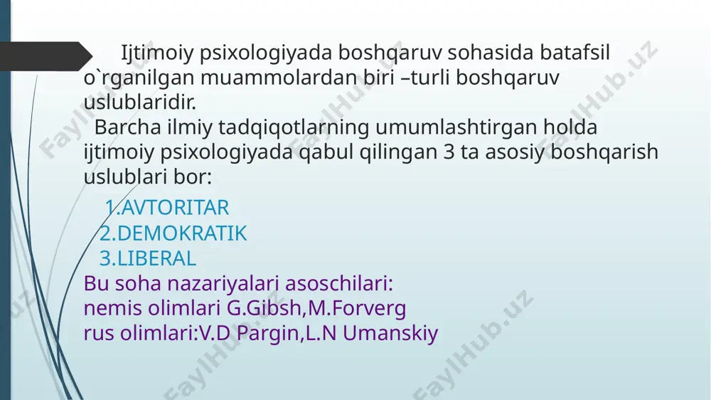necha bosqichlarda kechadi: 1)o`zini-o`zi boshqara olish,rag`batlantirish, kuzatish,maqsad qo`ya olish hayoliy repetitsiyalar va kognitiv jahllar orqali o`zining mustaqil inson,shaxs ekanligini o`zida boshqalarga o`rnak bo`luvchi sifatlar borligini anglash 2)yuqorida qayd etilgan sifatlarning afzalliklarini o`zgalarga namoyish etib,uning afzalliklariga ishontira olish 3)hodimlariga o`zlarida tashabbus va o`ziga ishonch ni namoyon etish uchun sharoit yaratish 4)mustaqil qobiliyat egalari bo`lgan hodimlarini rag`batlantirish kerak bo`lganda tanbeh berish 5)o`z-o`zini boshqarishga asoslangan ijtimoiy faoliyat tashkil etib,ishlariga hadeb aralashmaslik. rahbarga zarur bo`lgan 4 ta “t” talant toqat temperament tinimsiz izlanuvchanlik rahbarlik sifatlari a)konseptual qobiliyat va xulq atvor standarti: -dunyoqarashning kengligi,global yondashuv -uzoqni ko`ra bilish va egiluvchanlik -tashabbuskorlik va dadillik,tavakkalchilikka moyillik -muntazam va o`z ustida ishlash,uzluksiz o`qish b)shaxsiy sifatlar -maqsad va yo`nalishlarni aniq belgilash -o`zgalar fikrini tenglash qobiliyati -holislik,samimiyat va bag`rikenglik -adolatli qaror chiqarish orqali xodimlarni joy-joyiga qo`yish -shaxsiy yoqimtoylik -jamoada uyg`un muhitni ushlab turish qobiliyati c)salomatlik rahbar bir joyda ko`p ishlasa,uning o`ziga xos ijobiy va salbiy tomoni yuzaga keladi. ijobiy-rahbar jamoani,jamoa …