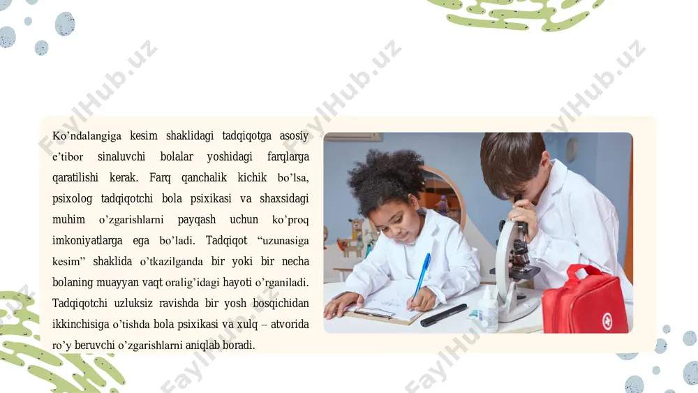 yasash kabilardan iboratdir. ana shu faoliyatlarining natijasiga qarab bolalarning mayl va istaklari, ehtiyoj va qiziqishlari, qobiliyat va layoqatlarini o’rganish mumkin. masalan: bolalarning chizgan rasmlarida ular idrokining xususiyatlari va atrofdagi narsa va hodisalar haqidagi tasavvurlarini ko’rish mumkin. shu sababli bu metoddan bolalar psixologiyasida keng foydalaniladi. suhbat metodi bolalar psixologiyasi so’rash – suhbat metodidan keng foydalaniladi. bu metodni 5-6 yoshli bolalarga nisbatan qo’llash mumkin. bunda bolalarga turli mavzularga doir savollar beriladi va ulardan og’zaki suhbatning mavzui va suhbat paytida bolalarga beriladigan savollar oldindan yaxshilab uylab olinadi. suhbat jarayonida javoblarni yozib olib, keyinchalik javoblarni taxlil qilish mumkin. suhbat metodini o’tkazishda quyidagilarga rioya qilish talab etiladi. suhbatning mavzusi va mazmuni bolalarning taraqqiyot darajalariga va yosh xususiyatlariga mos bo’lishi kerak. savollar rejali va maksad asosida tuzilishi kerak. suhbat paytida «ha» yoki «yo’q» demay, tuliq javob olish kerak. suhbatni haddan tashqari cho’zib yubormaslik kerak. suhbat orqali bolalarning bilishlari, narsa va hodisalar haqida tasavvurlari, qiziqishlari va odamlar …