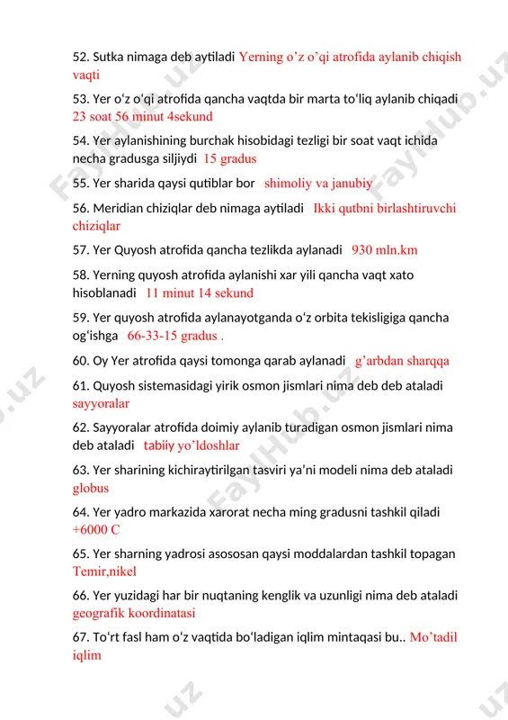 a vujudga keladi atlantika 71. sariq, yapon, sharqiy xitoy dengizlari qaysi okeanga tegishli tinch okean 72. seysmik mintaqa deb nimaga aytiladi yer po’sti juda ulkan palaxsalardan ya’ni litosfera plitalaridan iborat.bu litosfera plitalari doimo harakatda,ular bir-biri bilan o’zaro to’qnashib turadi. 2 ta litosfera plitasi to’qnashgan joylarda tez-tez vulkan va zilzilalar bo’ladi. 73. relef so‘zining lug‘aviy ma’nosi toping ( frans,relief,lot.relevo) ko’taraman 74. tekislikning yuzasi dengiz sathidan balandligi 200 m gacha bo‘lsa qanday nom bilan ataladi past tekislik 75. dengiz sathidan 200 m dan 500 m gacha bo‘lgan relef shakilga qaysi relef shakli kiradi qir 76. dengiz sathidan 500 m dan yuqori bo‘lgan relef shakilga qaysi relef shakli kiradi yassitog’lik 77. qatorosiga tizilib ketgan tutash tog‘lar nima deb ataladi tog’ tizmasi 78. zilzilaning 1 ball xolati qanday bo‘ladi yer tebranishini sezgir asboblar sezadi 79. zilzilaning 2 ball xolati qanday bo‘ladi juda kuchsiz,tinch turgan kishilar ba’zan biladi. 80. zilzilaning 3 ball xolati qanday bo‘ladi …