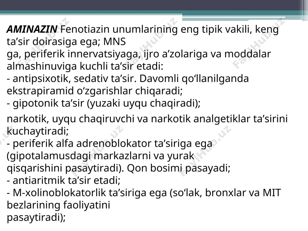 zilishga ega brikmalar amizil, meprotan, trioksazin xlozepid - benzodiazepin unumlari ichida birinchi bo‘lib qo‘llanilgan anksiolitik. mnsga tinchlantiruvchi ta’sir ko‘rsatadi, mushaklarni bo‘shashtiradi, tirishishni daf etadi. uxlatuvchi, analgetiklarning ta’sirini kuchaytiradi. mo‘‘tadil uyqu chaqiradi. nevrotik holatlarda qo‘rquv, hayajon, betoqatlik, taranglikni susaytiradi. antipsixotik ta’sirga ega emas. katta dozalardagi psixomator qo‘zg‘alishni kamaytiradi. mitdan tez so‘riladi. t½=8- 10 soat. platsentar barerdan o‘tadi, buyrak orqali ajraladi qo‘llanilishi: nevrotik holatlar, uyqusizlik, migren, klimakterik o‘zgarishlarda, bemorlarni operatsiyaga tayyorlashda, harakatni buzilishlarida, miozitlarda, artrit, bursitlar va shu kabi mushaklarning taranglanishi bilan kechadigan xastaliklarda, ekzema va qichishish bilan kechadigan dermatitlarda, tutqanoq xastaligida, abstenensiya sindromini daf etishda (narkomaniya, alkogolizm). nitrazepam, sibazon va fenozepam qo‘llash mumkin bo‘lmagan hollarda ishlatilmaydi. nozepam - kimiyoviy tuzilishi va farmakologik hossalari bo‘yicha xlozepid va sibazonga o‘xshash lekin yumshoqroq ta’sir etadi, zaharliligi pastroq, miorelaksantlik va tirishishga qarshi ta’siri sust. xlozepid va sibazonga nisbatan, bemorlar yaxshi qabul qiladilar. boshqa benzodiazepin hosilalari kabi qo‘llaniladi, ehtiyot shartlari ham ularnikiday. mezapam - bu preparatning …