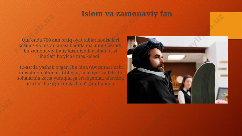 i taklif qiladi. islomning to'rtta asosiy mazhabi – hanafiy, malikiy, shafoiy va hanbaliylar – jahonning turli burchaklarida, jumladan, o'rta osiyo, yaqin sharq va afrikaning keng hududlarida tarqalgan. ularning farqlari fiqh masalalarida ko'proq namoyon bo'ladi. islomshunoslikning dolzarb masalalari islom huquqi (fiqh) sohasida, ayniqsa, bioetika va tibbiyot texnologiyalari rivojlanishi bilan bog'liq 50 dan ortiq yangi muammo paydo bo'ldi, masalan, sun'iy urug'lantirish va gen muhandisligi masalalari dunyo miqyosida muhokama qilinmoqda. islom iqtisodiyoti sohasida 2023-yilgi tadqiqotlar shuni ko'rsatdiki, halal turizm bozori 3 trillion dollarga yetishi va malayziya kabi mamlakatlar uchun muhim daromad manbai bo'lishi kutilmoqda. islomshunoslikka kirish islomshunoslikda qur'on va hadislar asosiy manbalar hisoblanadi, ularning tahlili va talqini orqali 5 ta asosiy mazhab (hanafiy, malikiy, shofiy, hanbali va ibrohimiylar) shakllangan. islomshunoslik 6 asrlik boy tarixga ega boʻlib, 7-asrda arabiston yarim orolida paydo boʻlgan va keyinchalik dunyoning 1,8 milliarddan ortiq aholisi yashaydigan 150 dan ortiq mamlakatga tarqalgan. e'tiboringiz uchun rahmat @taqdimot_robot image3.png image4.jpg image5.jpg image6.jpg …