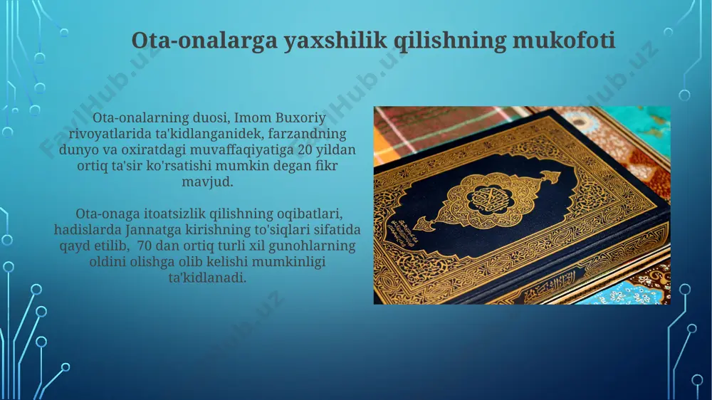 ahamiyati to'plamda keltirilgan hadislarning 25 foizi ota-ona bilan muloqot madaniyati, mehr-oqibat va samimiy munosabatlarni o'rgatishga qaratilgan bo'lib, axloqiy-ma'naviy kamol topishga xizmat qiladi. buxoriy hadislari, farzandlarning ota-onalariga qarindoshlariga yordam berish va ularning huquqlarini himoya qilish borasidagi 5ta asosiy tamoyilni aks ettirib, ijtimoiy mas'uliyatni tarbiyalaydi. ota-onalarning xato va kamchiliklariga sabr qilish ota-onalarning ba'zi xatti-harakatlariga nisbatan 3 ta turli munosabat – sabr, mehr va duo qilish tavsiya etilib, bu sabr-toqatning turli darajalarini ko'rsatadi. imom buxoriyning hadislarida ota-onalarning xato va kamchiliklariga 70 yoshgacha sabr qilish tavsiya etilgan bo'lib, bu farzandning taqvosi va hurmatini aks ettiradi. ota-onalarni rozi qilishning ahamiyati imom buxoriy hadislari ota-onalarning huquqlariga 70 dan ortiq hadis bag'ishlagan bo'lib, ularning rozi qilinishining dunyo va oxiratdagi ulkan ahamiyatini ta'kidlaydi. ota-onalarning duosi farzandning hayotini 360 daraja o'zgartirishi mumkin, chunki ularning duosi alloh huzurida qabul bo'lish ehtimoli yuqori. ota-onalarning qariganda ularga g'amxo'rlik qilish buxoriy to'plamidagi hadislar, farzandlarga ota-onalariga 3 bosqichda (bolalik, yoshlik, qarilik) g'amxo'rlik qilishning ahamiyatini …