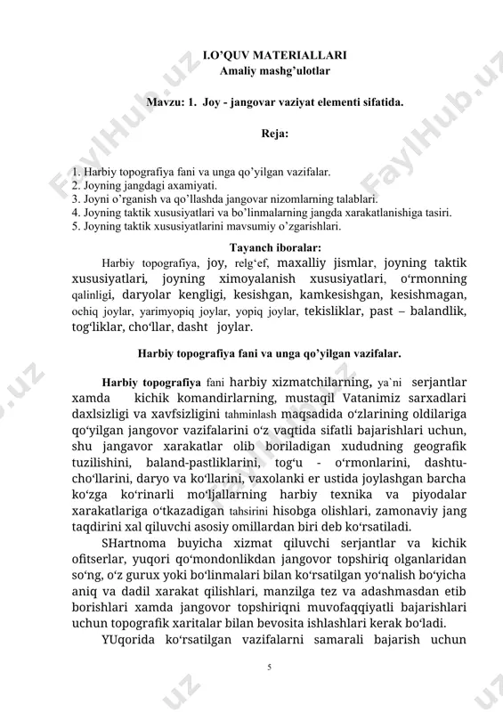 higa ta`siri. joyning jangovor va boshqa texnikalarni xaraktlanishini engillashtiruvchi yoki chegaralovchi xususiyati, o‘tuvchanlik sharoitini belgilaydi. xar qanday joyning o‘tuvchanlik sharoitini belgilovchi asosiy omillardan biri, mavjud rivojlangan yo‘l qurilmalari va ularning sifatidir. avtoulov yo‘llarining asosiy texnikaviy ko‘rsatkichlarini yurish qismining kengligi, qoplama to‘shami, to‘siqlarga qo‘yilgan yo‘l inshootlarining sifati, temir yo‘llarida esa, yo‘llarning soni, tortish moslamalarining turi, bekatlarning soni va ularning sifati tashkil kiladi. ikki tomonlama xarakatlanuvchi avtomobil yo‘llarining kengligi 6,5-7,5 (avtostradalardan tashqari) metr bo‘lishi keng tarqalgan. qoplamining tuzulishiga qarab avtomobil yo‘llari qattik qoplamli (shosselar, qotirilgan tuproq yo‘llari) va tabiiy tuproqli yo‘llarga (qishloq, dala yo‘llar) bo‘linadi. yo‘llar qanchalik taraqqiy etgan bo‘lsa, qo‘shinlar xarakati uchun shunchalik qulay buladi. yo‘llar tizimining axamiyati ayniqsa tog‘li va cho‘lli joylarda katta moxiyatga ega. bunday sharoitlarda yo‘l tizimi nafaqat o‘tuvchanlikka, balki qo‘shinlar xarakati tezligiga, jangda o‘zgaruvchan tezlikka, xarakat yo‘nalishini tanlashga katta tahsirini o‘tkazadi. joyning yo‘llardan tashqari (yo‘lsiz) o‘tuvchanligi asosan relefning tuzulishiga, o‘simlik qoplami, daryo va ko‘llarning mavjudligi va xolati, …