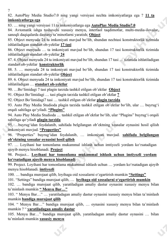 3. autoplay media studiodasturida animatsiyalanuvchi menyuni, kataloglar daraxtini, ma’lumotlar bazasini va shunga o‘xshash ob’ektlarni nafaqat…, balki ularni boshqarish ham mumkin tez yaratish 64. …avtomatik ishga tushuvchi oynalarni o‘zining kutubxonasidagi “niqob”lar-dan foydalangan holda ixtiyoriy shaklda (formada) yaratish mumkin. autoplay media studiodasturida 65. autoplay media studiodasturida …oynalarni o‘zining kutubxonasidagi “niqob”lar-dan foydalangan holda ixtiyoriy shaklda (formada) yaratish mumkin. avtomatik ishga tushuvchi 66. autoplay media studiodasturida avtomatik ishga tushuvchi oynalarni o‘zining …“niqob”lardan foydalangan holda ixtiyoriy shaklda (formada) yaratish mumkin. kutubxonasidagi 67. autoplay media studiodasturida avtomatik ishga tushuvchi oynalarni o‘zining kutubxonasidagi … lar-dan foydalangan holda ixtiyoriy shaklda (formada) yaratish mumkin. “niqob” 68. autoplay media studiodasturida avtomatik ishga tushuvchi oynalarni o‘zining kutubxonasidagi “niqob”lar-dan foydalangan holda… (formada) yaratish mumkin ixtiyoriy shaklda 69. autoplay media studiodasturida avtomatik ishga tushuvchi oynalarni o‘zining kutubxonasidagi “niqob”lar-dan foydalangan holda ixtiyoriy shaklda (formada) … yaratish mumkin 70. autoplay media studiodasturida … sifatida .jpg, .bmp va .png kabi formatdagi fayllardan foydalanilsa ham bo‘ladi. “niqob” …