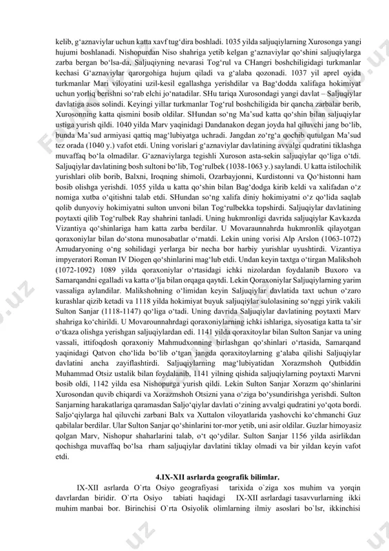 di. qoraxoniylarning poytaxtlari bolasogun, taraz, qoshgʻar shaharlari boʻlgan, gʻarbiy qoraxoniylar davlat poytaxti esa samarqand shahri boʻlgan. qoraxoniylar xoqonligiga kuchayib kelaytogan xorazmshohlar imperiyasining sultoni muhammad alovuddin yakun yasaydi. yettisuv, sharqiy turkiston o’lkalarida ix asrning ikkinchi yarmida turli turkiy qavmlar, elatlarning o’zaro birikuvi natijasida va qo’shiluvi davomida qoraxoniylar davlati tashkil topdi. mazkur davlatga asos solgan siymo abdulkarim sotuq bug’roxon (859-955) yag’molar qavmiga mansub bo’lgan. bu davlat hukmdorlari «arslonxon» yoki «qoraxon» unvonlari bilan ulug'langan. qoraxon so’zining lug’aviy ma’nosi esa turkiy qabilalarda «ulug’», «buyuk» degan tushunchalarni anglatgan. qoraxon «tamg’achxon» ham deb yuritilgan. bu davlatning qudrati yuksalib, u tez orada katta hududlarni o’z qo’l ostiga kirita boradi. uning poytaxti sharqiy turkistonning bolasog’un shahri bo’lgan. abdulkarim bug’roxon vafotidan keyin (955) uning vorislari davrida markaziy tyan-shan va yettisuv o’lkalari egallanadi. endilikda qoraxoniylar somoniylar hukmronlik qilayotgan movarounnahr yerlarini ham butunlay egallashga kirishadilar. bu davrda somoniylar davlati chuqur ichki ziddiyatlar, sinfiy ixtiloflar orqasida tanglik holatiga tushib qolgan edi. bundan …