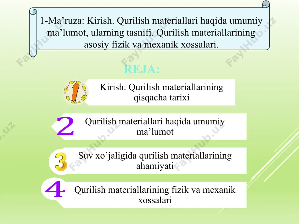 li materiallar bug‘ yoki gaz o‘tkazish xususiyatigaegadir. issiqlik o‘tkazuvchanlik materialni chegaralab turuvchi yuzalarda harorat turlicha bo‘lganda o‘z qatlami orqali issiqlik uzatish xossasidir. 0‘tga chidamlilik materialga yuqori harorat uzoq vaqt ta’sir qilganda erimasdan va shakli o‘zgarmasdan chidash xossasiga aytiladi. o‘tga chidamlilik darajasiga ko'ra materiallar olovga chidamli, qiyin eriydigan va oson eriydiganmateriallarga bo'linadi. materiallarning mexanik xossalari materiallarning mexanik xossalari tashqi kuchlarning yemiruvchi va shaklini buzuvchi ta’siriga qarshilik ko'rsatish xususiyatlaridir. mexanik xossalar mustahkamlik, egiluvchanlik, plastiklik, mo‘rtlik, zarbga qarshiligi, qattiqligi, ishqalanib yedirilishi, yeyilishi va hokazolardan iborat. materialning mustahkamlik chegarasi tajriba yo‘li bilan aniqlanadi. buning uchun tajribaxonada gidravlik presslarda yoki uzish mashinalarida maxsus tayyorlangan namunalar sinaladi. materiallarning siqilishga qarshiligini sinash uchun namunalar kub yoki silindr ko‘rinishida, cho'zilishini sinashda yumaloq steijenlar yoki polosalar ko‘rinishida, egilishini siqilishda esa to‘sinchalar ko‘rinishida tayyorlanadi mustahkamlik materialning mustahkamligi tashqi kuchlardan vujudga keladigan ichki kuchlanishlar ta’siri ostida yemirilishga qarshilik ko‘rsatish xossasidir. mustahkam-lik chegarasi materialning mustahkamligi mustahkamlik chegarasi (siqilish, egilish va cho‘zilishda) orqali …