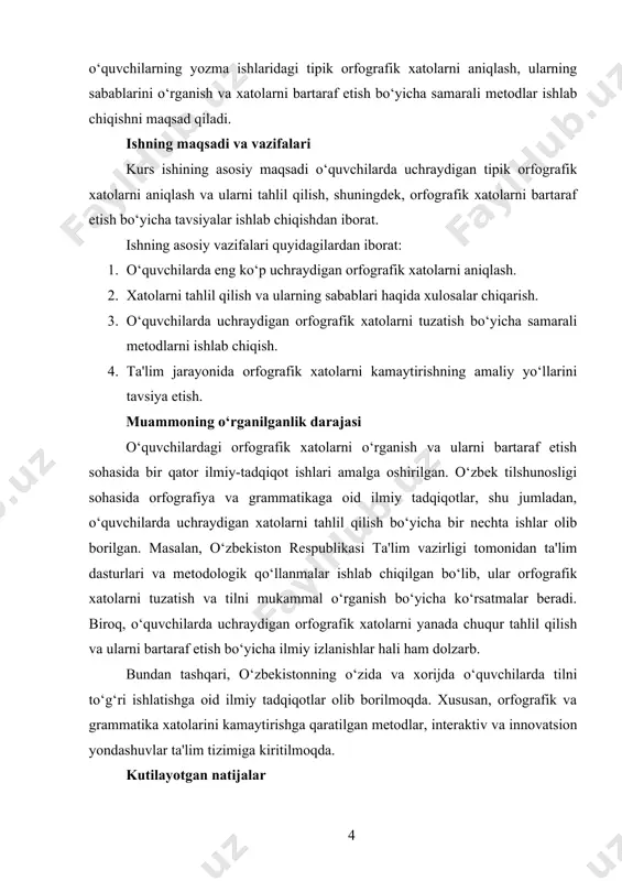 istik metodlar: xatolarni statistik tahlil qilish va ularning tarqalishini aniqlash. bu metodlar yordamida o‘quvchilarda uchraydigan tipik orfografik xatolarni aniqlash, tahlil qilish va ularni tuzatish bo‘yicha yangi tavsiyalar ishlab chiqish mumkin. i.bob. o‘quvchilarda uchraydigan orfografik xatolarning nazariy asoslari 1.1. orfografiya tushunchasi va uning ta'limdagi o‘rni orfografiya — bu tilni yozma shaklida to‘g‘ri ifodalashni belgilovchi qoidalar majmuasidir. yozuvdagi so‘zlar va ularning shakllari, undosh va unli tovushlarning to‘g‘ri qo‘llanishi, alohida so‘zlarning ajratilishi, hamda katta va kichik harflarning ishlatilishi kabi qoidalarni o‘z ichiga oladi. orfografiyaning to‘g‘ri qo‘llanishi tilni to‘g‘ri o‘rganishning eng muhim jihatlaridan biridir, chunki yozuv va talaffuz o‘rtasidagi farqlar ko‘pincha xatolarga olib kelishi mumkin. orfografiya nafaqat tilning grammatika va fonetikasiga asoslanadi, balki uning semantikasiga, ya'ni so‘zlarning ma'nolariga ham ta'sir qiladi. shu sababli, orfografiyaning nazariy asoslarini o‘rganish tilshunoslikda muhim o‘rin tutadi. orfografik qoidalar milliy til madaniyatini, shuningdek, milliy ma'naviyatni shakllantirishda katta rol o‘ynaydi, chunki to‘g‘ri yozish va so‘zlarni to‘g‘ri ishlatish tilning mukammal rivojlanishiga xizmat …