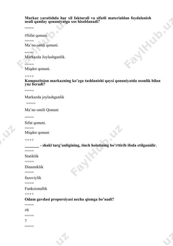 k elementlar kiritish yo’li bilan ==== konstruksiyasi jihatidan assimmetrik yechimga qo’shimcha simmetrik elementlar kiritish yo’li bilan ==== bunday yechimni bajarishning iloji yo’q ==== konstruksiyasi jihatidan assimmetrik yechimga qo’shimcha assimmetrik elementlar kiritish yo’li bilan. ++++ simmetriya o’qi deb nimaga aytiladi? ==== simmetriya tekisligida joylashgan asosga perpendikulyar chiziq. ==== simmetriya tekisligida joylashgan asosga parallel chiziq. ==== simmetriya tekisligida joylashgan asosga parallel chiziq. ==== ikkita assimmetrik o’q. ++++ maktab yoshidagi bolalar kiyimlari qanday massada bo’lishi tavnsiya etiladi? ==== yengil. ==== og’ir. ==== yumshoq. ==== maksimal. ++++ qaysi mavsum kiyimlari og’ir ko’rinadi? ==== qishki. ==== kuzgi. ==== yozgi. ==== bahorgi. ++++ kompozitsion markaz yaratish nechta qonun asosida amalga oshiriladi? ==== #4 ==== 5 ==== 6 ==== 3 ++++ tipaviy (idealga yaqin) figuralar uchun kompozitsion markazni tananing qaysi qismida joylashtirish tavsiya etiladi? ==== #tananing xohlagan qismida ==== aksessuarlarda ==== oyoqda ==== qo’l qismida ++++ qaysi rang tana konturlarini yaqqol ko’rsatadi? ==== # qora. ==== oq …