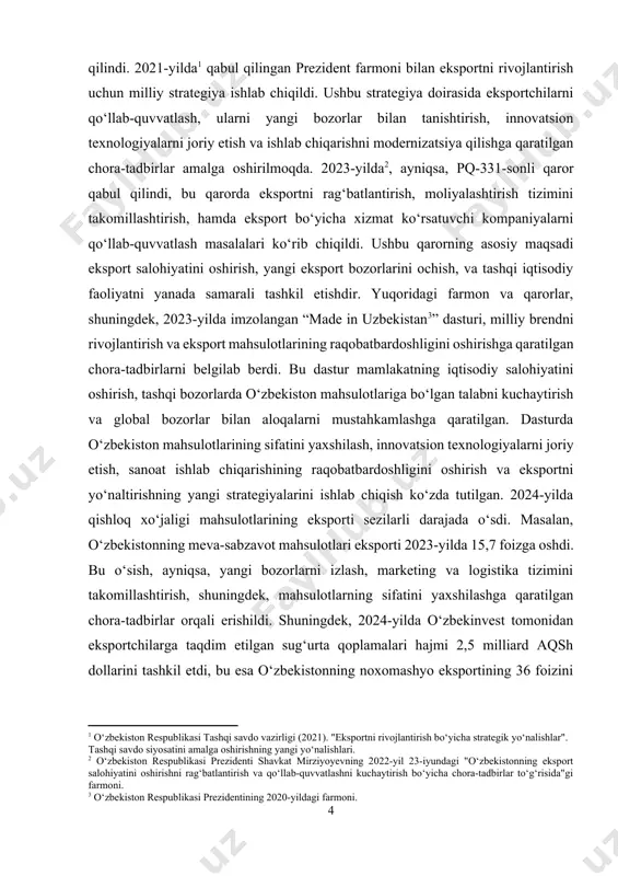 ng eksportni rivojlantirishga qaratilgan siyosati aynan shu sohani rag‘batlantirishni o‘z ichiga oladi. shuningdek, meva-sabzavotlar, paxta, changallar va boshqa qishloq xo‘jaligi mahsulotlari, shuningdek, kimyo sanoati, mashinasozlik va boshqa sohalar o‘zbekistonning eksport salohiyatini oshirishga hissa qo‘shadi. eksport salohiyatini oshirishning boshqa muhim jihatlaridan biri bu mamlakatning tashqi savdo aloqalarini kengaytirish va yangi bozorlarga kirishdir. o‘zbekistonning asosiy savdo hamkorlari, jumladan, rossiya, xitoy, turkiya va evropa davlatlari bilan bo‘lgan savdo aloqalarini yanada mustahkamlash zarur. bu jarayonni amalga oshirish uchun yangi transport va logistika tarmoqlarini rivojlantirish, bojxona tizimini takomillashtirish, va xorijiy investitsiyalarni jalb qilish kerak. o‘zbekistonning eksport salohiyatini oshirishda ilg‘or texnologiyalar va innovatsiyalarni joriy etishning ahamiyati katta. milliy ishlab chiqaruvchilarni innovatsion yondashuvlar va zamonaviy texnologiyalar bilan ta’minlash, mahsulot sifatini oshirish, samaradorlikni yaxshilash va yangi eksport mahsulotlarini ishlab chiqarish orqali eksportni oshirish mumkin. bu borada davlat tomonidan innovatsion dasturlar, qo‘llab-quvvatlash va ilmiy tadqiqotlarga sarmoya kiritish muhim ahamiyatga ega. barcha yuqorida qayd etilgan chora-tadbirlar va strategiyalar, shubhasiz, o‘zbekistonning …