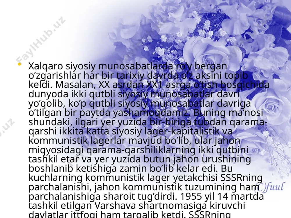 atlar bilan teng huquqli sherikchilik, barcha mojaroli muammolarni faqat tinch siyosiy va huquqiy vositalar orqali yechish tarafdori bo’lib qolaverishini alohida uqtirib o’tadi. uchinchi savol: ma‘lumki, so’nggi yillarda jahonda yuz bergan voqealar dunyoning geosiyosiy strukturasi va yo’nalishini tubdan yangiladi, jahon siyosatga asta-sekin bir guruh yangi suveren davlatlar kirib kelishi natijasida davlatlararo siyosat va diplomatiya maydoni tubdan boshqa mohiyat va mazmun kasb etdi. ushbu davlatlar mustaqil rivojlanish va ijtimoiy munosabatlarni yangilash yo’liga qadam qo’ydi, dunyodagi boshqa mamlakatlar orasida o’z mavqeini mustahkamlashga intilmoqda. tenglar ichiga teng bo’lishga, jahon maydonining tarkibiy qismiga aylanishga harakat qilmoqda.1996 yil 15 martda rossiya davlat dumasi ana shunday huquqiy normalarni hisobga olmasdan yana “sobiq ittifoqni tiklash” g’oyasini ilgari surdi. turli xil tushunchalar “iqtisodiy integratsiyani chuqurlashtirish” davlat va siyosiy tizimlardan yuqori turadigan “federatsiya” yoki “konfederatsiya” kabi uyushmalari tuzish taklif etildi. foydalanilgan adabiyotlar: o’zbekiston respublikasi konstitutsiyasi. t. 2012 yil. karimov i. o’zbekistonning siyosiy-ijtimoiy va iqtisodiy istiqbolining asosiy tamoyillari. t. 1995 yil. …