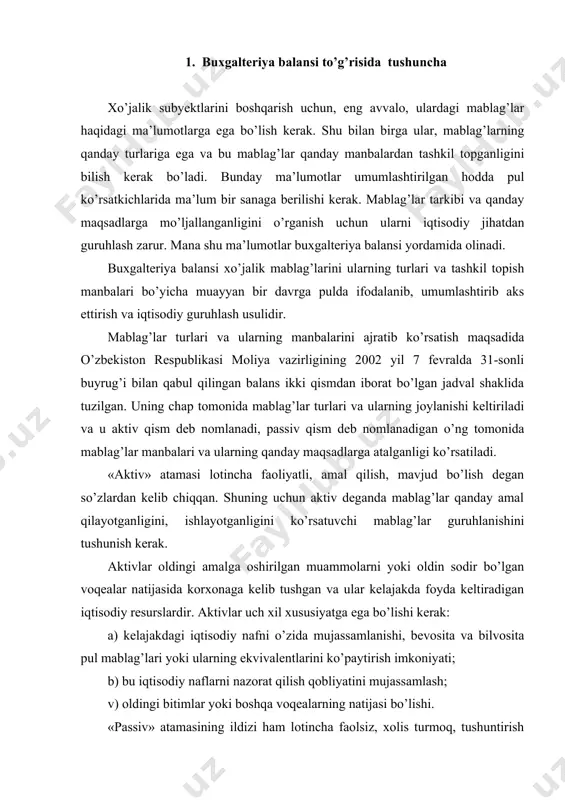ablag’lari yoki ularning ekvivalentlarini ko’paytirish imkoniyati; b) bu iqtisodiy naflarni nazorat qilish qobliyatini mujassamlash; v) oldingi bitimlar yoki boshqa voqealarning natijasi bo’lishi. «passiv» atamasining ildizi ham lotincha faolsiz, xolis turmoq, tushuntirish kabi so’zlarning ildizidan olingan. тarixan bu atama dastlab faqat qarzga olingan mablag’larga nisbatan, ya’ni uchinchi shaxslar oldidagi majburiyatlarga nisbatan qo’llanar edi. bu bilan mulk egasi qarzga olingan mablag’larga bo’lgan munosabatda o’zboshimchalikdan o’zini tutishi kerakligi ta’kidlangan edi. keyinchalik «passiv» atamasi manbalarning boshqa moddalariga ham tarqatilgan bo’lib, faqat korxona majburiyatlarini tavsiflabgina emas, mablag’lar turlarini qanday maqsadlarga mo’ljallanganligini ham tavsiflash uchun ishlatiladigan bo’ldi. manbalarning tarkibiy qismini majburiyatlar tashkil etadi. subyektning majburiyatlari bu oldingi amalga oshirilgan operatsiyalarning natijasi yoki kelajakda o’zida mujassamlangan iqtisodiy nafni chiqib ketishi yoki yangi majburiyatlarni vujudga kelishi bilan yakunlanadi. majburiyatlarni uch xil xususiyatga ega bo’lishi kerak: a) aktivlarni chiqib ketishi yoki xizmat ko’rsatish yo’li bilan to’lashni vujudga keltiradigan mavjud doimiy majburiyatni o’zida majassamlashtirishi; b) subyekt uchun majburiyatning bajarilishi shartligi …