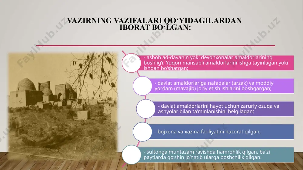 (amirlar amiri) nomini berardi. qo‘shindagi 10 ming kishilik suvoriylar guruhiga qo‘mondonlik qilgan kishilar malik unvoniga ega bo‘lar edi. janglarda alohida mardlik ko‘rsatgan maliklarga esa xon unvoni berilgan. qo‘shindagi choparlar chovush, ularning boshliqlari esa muqaddam chovushiya deb yuritilgan. maxsus xufiya va ayg‘oqchilar bo‘linmalari josusiya deb atalgan. xorazm davlatida harbiy kengash urush boshlanishidan avval yoki urush e’lon qilingan vaqtda xorazm harbiy kengash chaqirishar va unda oldinda turgan urush bilan bog‘liq masalalar muhokama qilinardi. ushbu kengashga xorazmshohning o‘zi boshchilik qilib, unga yirik harbiy arboblar, ulamolar, qonunshunoslar va munajjimlar taklif qilinar edi. kengashda barcha takliflar ko‘rib chiqilib, so‘nggi qarorni shohning o‘zi qabul qilardi. foydalanilgan adabiyotlar azamat ziyo o‘zbek davlatchiligi tarixi: (eng qadimgi davrdan rossiya bosqiniga qadar). t., 2000. axmadjonov rossiya imperiyasi markaziy osiyoda. t., 2003 ismoilova j. farg‘ona vodiysida milliy ozodlik kurashlari. t., 2003. istoriya uzbekistana. – t.: fan, 2012. sagdullayev a.s. qadimgi o‘rta osiyo tarixi. t., 2004. sagdullayev va boshqalar. o‘zbekiston tarixi: davlat …