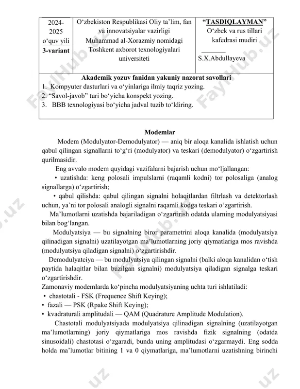 , chastotaning ikkita qiymati mos keladi, masalan, 980 gc va 1180 gc. chastotali modulyatsiya holaqitlarga juda turg‘undir, uzatishda signalning faqat amplitudasi buziladi. fazali modulyatsiyada modulyatsiya qilinadigan kattalik bo‘lib signal fazasi hisoblanadi, bunda uning chastotasi va amplitudasi o‘zgarmaydi; faza-modulyatsiya qilingan signalning halaqitlarga chidamliligi ham yuqoridir. signalning sof amplitudali modulyatsiyasida uning halaqitlardan himoyalanganligi juda pastdir, shuning uchun halaqitlarga chidamliroq, lekin yanada murakkabroq kvadraturali amplitudali modulyatsiya qo‘llaniladi, bunda uzatilayotgan ma’lumotlar taktida bir vaqtning o‘zida signalning ham fazasi, ham amplitudasi o‘zgaradi. modemlarda ma’lumotlarni uzatish va ularni o‘zgartirish qabul qilingan bayonnomalarga mos ravishda bajariladi. ma’lumotlarni uzatish bayonnomasi — bu ma’lumotlar shaklini va ularning aloqa kanalida uzatish jarayonlarini reglamentlovchi (tartiblovchi) qoidalar to‘plamidir. bayonnomada, xususan, quyidagilar ko‘rsatilishi mumkin: ma’lumotlar qanday tasvirlanadi, ma’lumotlarni uzatishni tezlashtirish va himoya qilish maqsadida qanday modulyatsiya turi tanlanadi, kanal bilan ulanish, kanalda amaldagi shovqinlarni bartaraf etish va ma’lumotlarni uzatishning ishonchliligini ta’minlash qanday bajariladi. standart odatda o‘z ichiga bayonnomalar to‘plamini oladi, kam hollarda bitta …