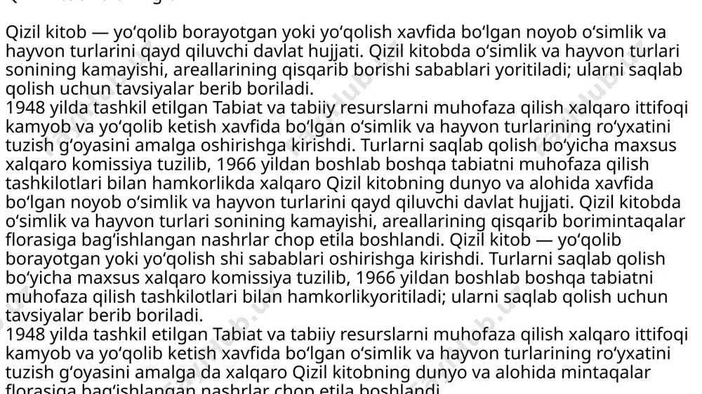 amoat tashkilotlari, ayrim olimlar tavsiya qilishi mumkin. muhofaza qilinishi natijasida oʻz arealini qaytadan tiklagan va yoʻqolib ketish xavfi tugʻilmaydigan oʻsimlik va hayvon turlari qizil kitobdan chiqariladi. qizil kitobga kiritilgan turlar davlat qonuni asosida muhofaza qilinadi; uni buzgan yuridik va jismoniy shaxslar qonunga muvofiq javobgarlikka tortiladi qo’riqxona nima? qo’riqxona- bu akvatoriya yoki territoriya, xo’jalikdan butunlay ajratiigan yer maydoni bo’lib hisoblanadi. qo’riqxonalar- tabiatning ilmiy laboratoriyalari bo’lib, u erda tabiat rivojlanish qonuniyatlarining murakkab tekshirishlari va kuzatishlari o’tqaziladi. qo’riqxonalarda ayrim hayvon zotlari va o’simlik turlari o’rganiladi, hamda bu yerda insonning har qanday ta’siri umuman ta’qiqlanadi. o’zbekistonda, birinchi qo’riqxona- 1929 yilda turkistonning ğarb qismida tashkil qilingan bo’lib, 8000 gektar (ga) maydoniga ega. keyinchalik yer maydoni 15600 ga kengaytirilgan. u hozirda zomin nomini olgan. ikkinchi qo’riqxona — 1941 yilda_orol daryosi qirğoqlarida tashkil etilgan bo’lib, 300000 gektar (ga) maydoniga ega. uchinchi qo’riqxona — 1947 yilda toshkent oblastiningohangaron va parkent tumanlari atrofida tashkil qilingan bo’lib, maydoni 22000 gektardan …