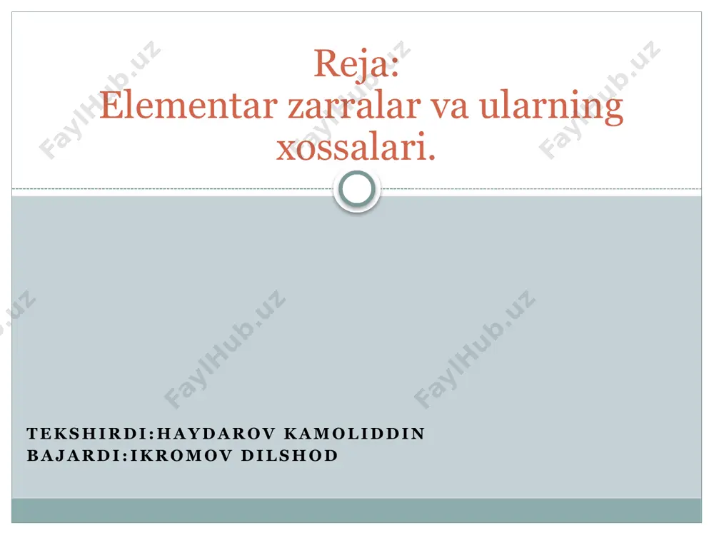 qilingan. uning massasi protonning massasiga yaqin: mn=1838me, elektr zaryadi esa nolga teng. neytrino. 1931-1935-yilda β- nurlanish qonunlarini tushuntirib bergan v.pauli tinchlikdagi massasi nolga teng bo’lgan yana bitta zarra – neytrino mavjudligini bashorat qildi. bu zarra tajribada 1956-yilda k.kouen tomonidan yadro reaktorida kashf qilingan. elementar zarralrni kuzatish va qayd qilish usullari zarralarni qayd qiluvchi asboblarning turlari. radioaktiv moddalarning nurlanishini o’rganishdan asosiy maqsad – radioaktiv yemirilishda chiqariladigan zarraklarning tabiati, energiyasini va nurlanish intensivligini (radioaktiv modda 1 sekunda chiqaradigan zarralar sonini) aniqlashdan iborat. ularni qayd qilishining eng keng tarqalgan usullari zarralarnig ionlashishiga va fotohokimyoviy ta’sirlarga asoslangandir. bu vazifani bajaruvchi asboblar ham ikki turga bo’linadi: 1.zarralarnifazoning biror qismidan o’tganligini qayd qiluvchi va ba’zi hollarda ularning ba’zi xarakteristikalari, masalan, energiyasini aniqlashga imkon beruvchi asboblar. bunday asboblarga ssintillyatsion (chaqnovchi) hisoblagich, chernikov hisoblagichi, gaz zaryadli hisoblagich, yarimo’tkazgichli hisoblagich, yarim o’tkazgichli hisoblagich va impulsli ionlashtiruvchi kamera misol bo’la oladi. zarraning moddadagi izini kuzatishga, masalan, suratga tushirishga imkon beruvchi …