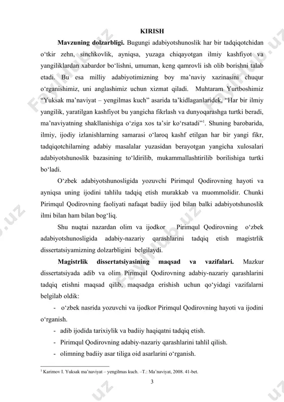 va realistik proza”, “amir temur siymosi”,“til va el” kabi ilmiy asarlari yetarlicha tadqiq etilmagan. ana shu muommoning o‘zi dissertatsiyamizning o‘ziga xos yangiligini belgilaydi. muammoning o‘rganilganlik darajasi. mazkur muommo ya’ni pirimqul qodirovning adabiy-nazariy qarashlari o‘zbek adabiyotshunosligida yetarlicha tadqiq etilmagan. bu muammo o‘zbek adabiyotshunosligida yetarlicha o‘rganilmagan bo‘lsada, ijokorning tarixiy va zamonaviy asarlarining tadqiqi bir qator tadqiqotlarga o‘z aksini topgan. bunga m.qo‘shjonov, o.sharafiddinov, , u.normatov, n.xudoyberganov, b.nazarov, i.g‘afurov, s.sodiq, q.yo‘ldoshevlarning tadqiqotlari misol bo‘la oladi. tadqiqot metodologiyasi. ishga o‘zbekiston respublikasi prezidentining ma’naviy-madaniy meros, ilm-fan va milliy madaniyatni rivojlantirish, milliy o‘zlikni anglash haqidagi fikrlari, o‘zbek adabiyotshunosligida erishilgan yutuqlar metodologik asos qilib olindi. tadqiqot obyekti va predmeti. dissertatsiyani yozishda pirimqul qodirovning “xalq tili va realistik proza”( t.”fan”,1977y), “til va el”(t.g‘.g‘ulom nomidagi nashriyot –matbaa uyi.2005y), tanlangan asarlar.iii tomlik.( t.sharq.2008y) lardan keng foydalanildi.) tadqiqot natijalarining ilmiy va amaliy ahamiyati. mazkur dissertatsiyaning asosiy natijalari va nazariy xulosalaridan o‘zbek adabiyotshunosligida, xususan - adabiyot nazariyasida ijodkor konsepsiyasi masalalarini yoritishda - ijodkorlik …