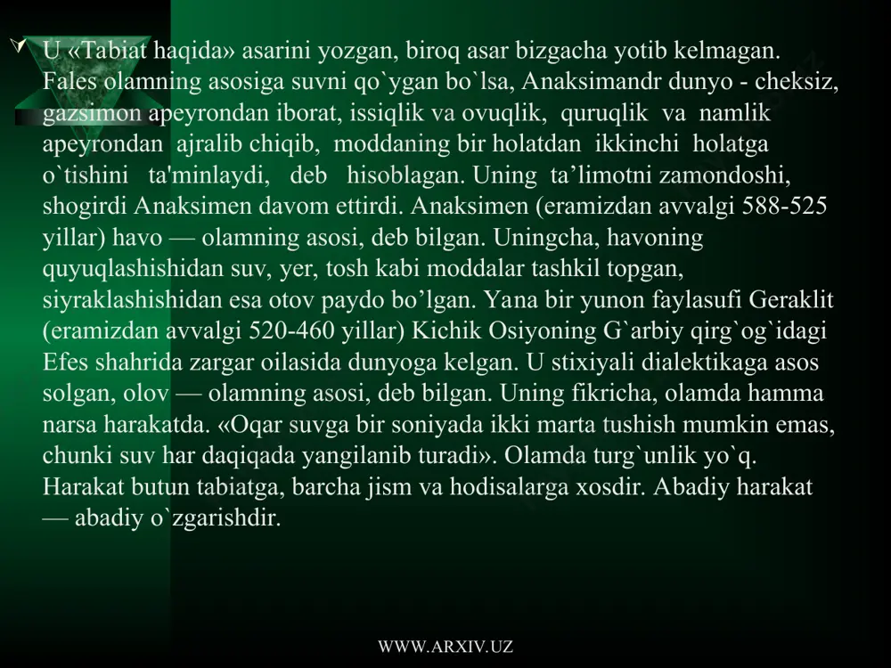 tlari ko‘z yosh qilishadi, ammo suqrot ulardan sukut saqlashni iltimos qiladi hamda mamnun — lablarida tabassum bilan jon taslim qiladi. www.arxiv.uz www.arxiv.uz arastu (aristotel) qadimgi yunonistonda buyuk kishilardan bo‘lgan. u hamma davrlarda yashab o‘tgan buyuk faylasuflar sirasiga kiradi. arastu faylasuf aflotun huzurida yigirma yilga yaqin ta'lim oladi. aflotun vafot etgandan so‘ng arastu o‘z ta'lim uslubini rivojlantira boshlaydi. u amalda inson duch keladigan barcha muammolar bilan qiziqardi. aql qay tarzda ishlaydi? haqiqat qayerda-yu yolg‘on qayerdaligini qanday ajratib olishimiz mumkin? hokimiyatning qanday shakli afzalroq? arastu atrof muhitni kuzatgan va dalillar to‘plagan holda bu savollarga javob topishga intildi. u har bir hodisa o‘zining mantiqiy izohiga ega deb hisoblagan hamda tadqiqotlar va kuzatuvlardan hu$sm chiqarib, uni ta'riflab bergan ilk olimlar qatorida turadi. arastu www.arxiv.uz www.arxiv.uz arastu o‘z maktabiga asos soladi va unga «liseum» deb nom beradi. u har bir kishi yaxshi va foydali yashab o‘tish imkoniyatini bilish yo‘li bilan olamda o‘z o‘rnini egallashi mumkinligiga …
