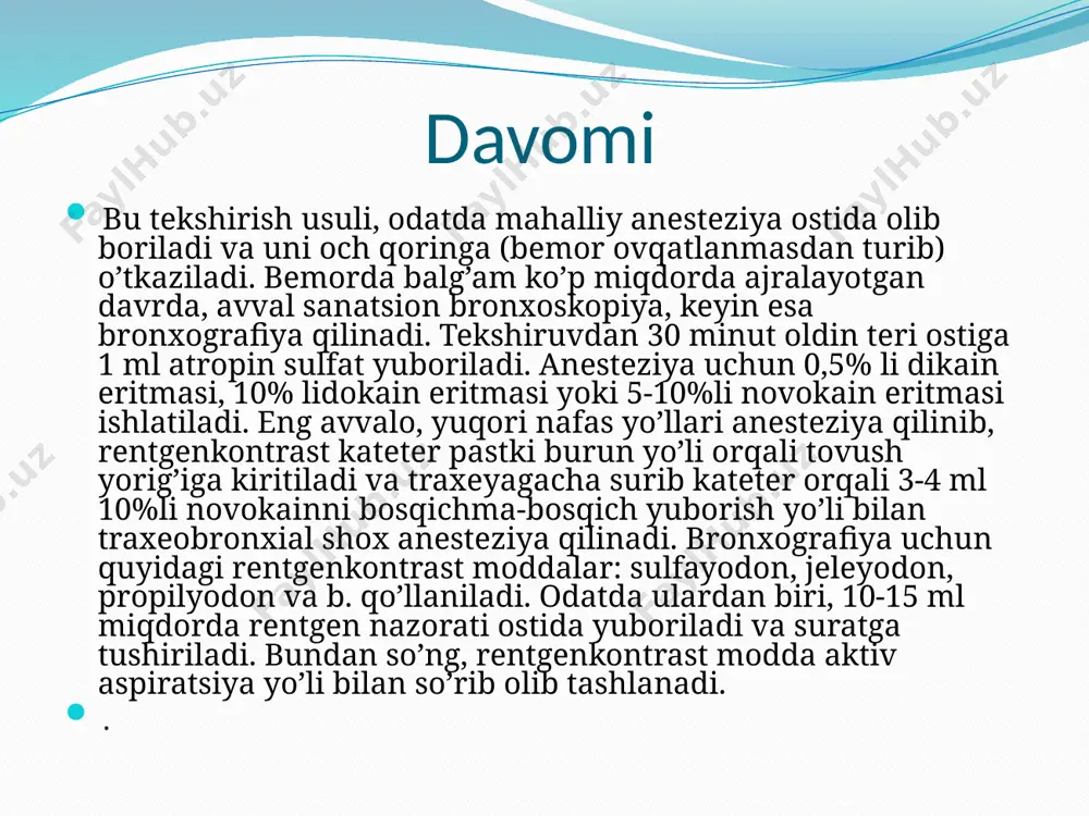 - o'pkadan keladigan havo miqdorini o'lchash imkonini beradigan spirometrdan foydalaning. u ma'lum kasalliklarni identifikatsiya qilish va davolash uchun muhim bosqich bo'lgan nafas olish tizimining holatini har tomonlama baholash uchun ishlatiladi. o'pka spirometriyasining kontrendikatsiyasi va maqsadlari: ushbu tekshirish usuli yosh parametrlariga hech qanday cheklovlar bermaydi va hech qanday kontrendikatsiyaga ega emas. spirometriyaning nafas olish tizimining holatini kuzatib borish va kerak bo'lganda buzilishlarni vaqti-vaqti bilan aniqlash uchun har yili kamida bir marta sigaret chekuvchilar tomonidan amalga oshirilishi kerak deb hisoblashadi. spirometriya o'pka kasalliklarini, yurak-qon tomir kasalliklarini aniqlashi va to'g'ri nafas olish texnikasini o'rganishi mumkin. spirometrni dekodlash lived - o'pkaning hayotiy qobiliyati; fvc - majburiy ekshalasyon bilan, nafas olishning boshida va oxirida o'pkada havo miqdori o'rtasidagi farq hisoblanadi; fev1 - birinchi sekundda ekspiratuar hajm; pic - ekshalasyon darajasi; mos - efir vaqtida havo harakatining tezligi. spirometriyaning standartlari lel parametri uchun quyidagi ko'rsatkichlar aniqlanadi: norma - 90% dan ortiq; shartli norma - 85-90%; o'rtacha …