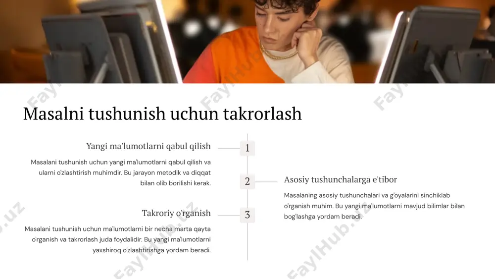 iqiy va oqlangan bo'lish zarur. 9 yechimni tahlil qilish samaradorlikni baholash yechimni tahlil qilishda, uni samaradorligini baholash juda muhim. qanday darajada masalani yechganligingizni tekshiring. xatolarni aniqlash yechimingizni chuqur tahlil qilish orqali u yerda mavjud bo'lgan xatoliklar yoki kamchiliklarni aniqlang. yaxshilash yo'llarini topish tahlil jarayonida yechimni yanada yaxshilash va optimallashtirish yo'llarini topishga harakat qiling. natijalarni baholash olingan yechimni yakuniy natijasini baholang va buni avvaldagi prognozlar bilan solishtiring. 10 xulosa va baholash yakuniy xulosa masalni o'qish va yechish jarayonini yaxshilash uchun olingan xulosalar asosida takliflar tayyorlanadi. bu takliflar o'quvchining bilim va ko'nikmalarini rivojlantirishga qaratilgan. baholash masalni o'qish va yechish jarayonida erishilgan natijalar sinchiklab baholanadi. bu esa kelgusidagi muvaffaqiyatli o'zlashtirish uchun muhim shart-sharoitlarni yaratadi. 11 masalni o'qish va yechishda yutuqlar masalani samarali o'qish va yechish orqali talabalar quyidagi yutuqlarga erishadilar: aqliy qobiliyatlarini rivojlantirish muammolarni mustaqil hal qilish ko'nikmalarini oshirish mantiqiy fikrlash va tahlil qilish qobiliyatlarini kuchaytirish tadqiqot ko'nikmalarini shakllantirish tanqidiy va ijodiy fikrlash …