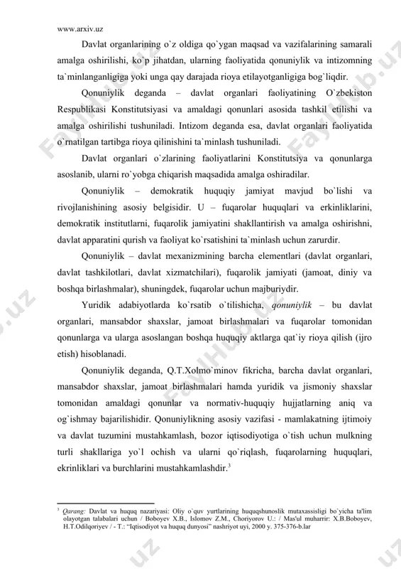 ga asoslangan boshqa huquqiy aktlarga qat`iy rioya qilish (ijro etish) hisoblanadi. qonuniylik deganda, q.t.xolmo`minov fikricha, barcha davlat organlari, mansabdor shaxslar, jamoat birlashmalari hamda yuridik va jismoniy shaxslar tomonidan amaldagi qonunlar va normativ-huquqiy hujjatlarning aniq va og`ishmay bajarilishidir. qonuniylikning asosiy vazifasi - mamlakatning ijtimoiy va davlat tuzumini mustahkamlash, bozor iqtisodiyotiga o`tish uchun mulkning turli shakllariga yo`l ochish va ularni qo`riqlash, fuqarolarning huquqlari, ekrinliklari va burchlarini mustahkamlashdir. lekin bunday tushuncha qonuniylikning mazmunini to`liq yoritib bera olmaydi. d.n.baxraxning ko`rsatishicha, qonuniylik mazmunini aniqlashda, birinchi navbatda, qonunlarning sifatiga e`tibor qaratish, ya`ni uning ijtimoiy munosabatlarga, huquqqa mos kelishini aniqlash kerak. qonunlar – ijtimoiy munosabatlarni tartibga soluvchi o`ziga xos vosita sifatida, jamiyatda mavjud bo`lgan iqtisodiy darajaga, tashkilotchilik, madaniyat va axloqiy qoidalarga mos bo`lishi kerak. qonuniylik – davlat huquqining jamiyat va fuqarolar manfaati yo`lida legalizatsiyalash vositasi bo`lishi kerak. qonuniylik – bu yuqori sifatli huquqiy normalarning yetarlicha mavjud bo`lishi va barcha huquq subyektlari tomonidan unga qat`iy rioya etishidir. yu.m.kozlov, …