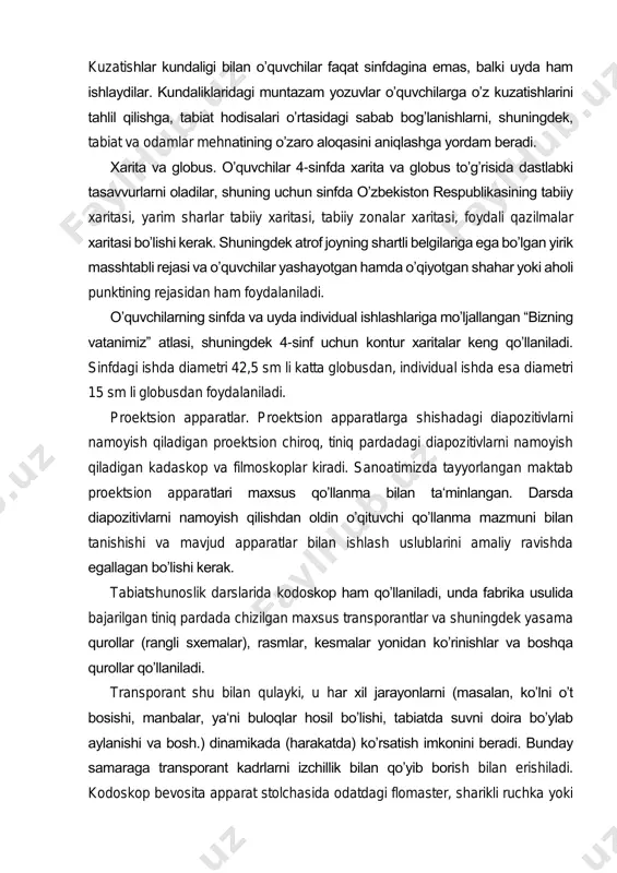 savol va topshiriqlari boʼlgan “kuzatishlar kundaliklaridan foydalanish zarur”. kuzatishlar kundaligi bilan oʼquvchilar faqat sinfdagina emas, balki uyda ham ishlaydilar. kundaliklaridagi muntazam yozuvlar oʼquvchilarga oʼz kuzatishlarini tahlil qilishga, tabiat hodisalari oʼrtasidagi sabab bogʼlanishlarni, shuningdek, tabiat va odamlar mehnatining oʼzaro aloqasini aniqlashga yordam beradi. xarita va globus. oʼquvchilar 4-sinfda xarita va globus toʼgʼrisida dastlabki tasavvurlarni oladilar, shuning uchun sinfda oʼzbekiston respublikasining tabiiy xaritasi, yarim sharlar tabiiy xaritasi, tabiiy zonalar xaritasi, foydali qazilmalar xaritasi boʼlishi kerak. shuningdek atrof joyning shartli belgilariga ega boʼlgan yirik masshtabli rejasi va oʼquvchilar yashayotgan hamda oʼqiyotgan shahar yoki aholi punktining rejasidan ham foydalaniladi. oʼquvchilarning sinfda va uyda individual ishlashlariga moʼljallangan “bizning vatanimiz” atlasi, shuningdek 4-sinf uchun kontur xaritalar keng qoʼllaniladi. sinfdagi ishda diametri 42,5 sm li katta globusdan, individual ishda esa diametri 15 sm li globusdan foydalaniladi. proektsion apparatlar. proektsion apparatlarga shishadagi diapozitivlarni namoyish qiladigan proektsion chiroq, tiniq pardadagi diapozitivlarni namoyish qiladigan kadaskop va filmoskoplar kiradi. sanoatimizda tayyorlangan …