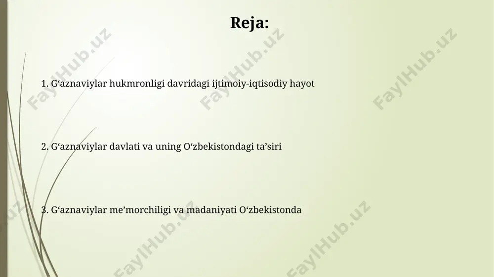 lati 963-yilda alp tigin tomonidan gʻazna shahrida, hozirgi afgʻoniston hududida, tashkil topgan boʻlib, keyinchalik keng hududlarni, jumladan, xorazm va shimoliy hindistonning bir qismini oʻz ichiga olgan. gʻaznaviylar davlatining siyosati gʻaznaviylar saltanati iqtisodiyotda savdo yoʻllarini nazorat qilishga va boyliklarni jamlashga, jumladan, hindiston bilan boʻlgan savdo orqali 5000 ga yaqin qoʻshinini ta'minlashga katta e'tibor qaratgan. gʻaznaviy hukmdorlari, oʻzining koʻplab qal'a va shaharlarini, masalan, gʻazni va nishāpurni, qurilish va obodonlashtirish orqali oʻz davlatining obro'sini oshirishga harakat qilgan. sebük tegin va alp tigin sebük tegin va alp tigin 962-yilda, samonidlar sulolasining zaiflashuvi davrida, movarounnahr hududida mustaqil hukmdorlikka intilgan ikki turkiy qoʻmondon boʻlishgan. sebük tegin va alp tigin qoʻshinlari bir qator muvaffaqiyatli harbiy yurishlarini amalga oshirganlar, jumladan, xorazm va nishapur kabi yirik shaharlarni egallaganlar. gʻaznaviylar davlatining taraqqiyoti gʻaznaviylar davlati 10-12-asrlarda markaziy osiyoda keng hududlarni, jumladan, xorasan, gʻazna, qandahor va nishopurni oʻz ichiga olgan holda boshqargan. gʻaznaviylar hukmronligi davrida adabiyot, sanʼat va meʼmorchilik taraqqiy etdi, masalan, …