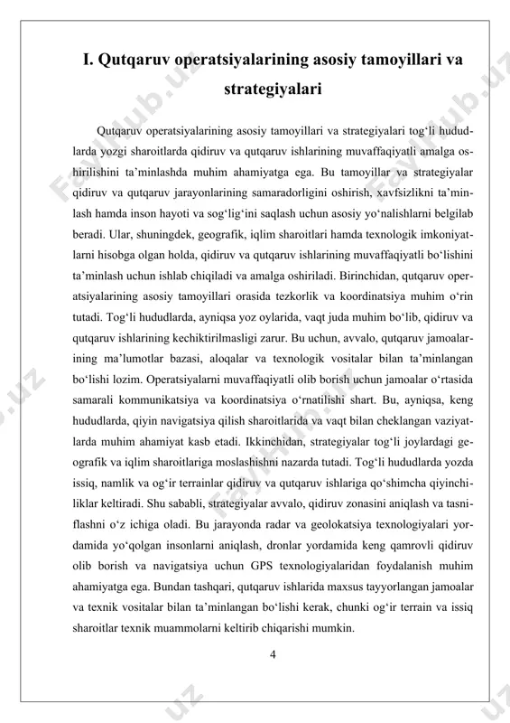 qattiq joylarda yoki keng maydonlarda harakat qilish qiyin boʻlgan joylarda insonlar uchun xavfsiz va tezkor qidiruv amalga oshiriladi. geolokatsiya va gps texnologiyalari esa, yoʻqolgan shaxslarni aniqlashda asosiy vositaga aylangan. gps qurilmalari yordamida insonlar oʻzlarining hozirgi joylashuvlarini aniqlab, qutqaruv jamoalariga real vaqtda ma’lumot taqdim etadi. bu texnologiya, ayniqsa, keng va qiyin terrainda, masalan, togʻli yoʻllarda, choʻl yoki oʻrmon zonasida oʻz o‘rnini topgan. bundan tashqari, sun’iy intellekt (si) va mashina oʻrganish algoritmlari yordamida qidiruv jarayonlarining avtomatizatsiyasi va optimallashtirilishi mumkin. masalan, si yordamida suratlar va videolardan inson yoki belgilangan belgilarga asoslangan obyektlarni avtomatik tarzda tanib olish mumkin. bu texnologiyalar yordamida, katta hajmdagi ma’lumotlar tezda tahlil qilinib, qidiruv xaritalari va strategiyalari ishlab chiqiladi. qidiruv va qutqaruv ishlarida texnologiyalarning qoʻllanilishida muhim jihat — ularning oʻzaro integratsiyasi va hamkorligi. masalan, radar, dronlar va gps texnologiyalarining birgalikda ishlashini ta’minlash orqali, qidiruv jarayonining har bir bosqichi optimallashtiriladi, vaqt va resurslar tejashga erishiladi. shu bilan birga, bu texnologiyalar yordamida …
