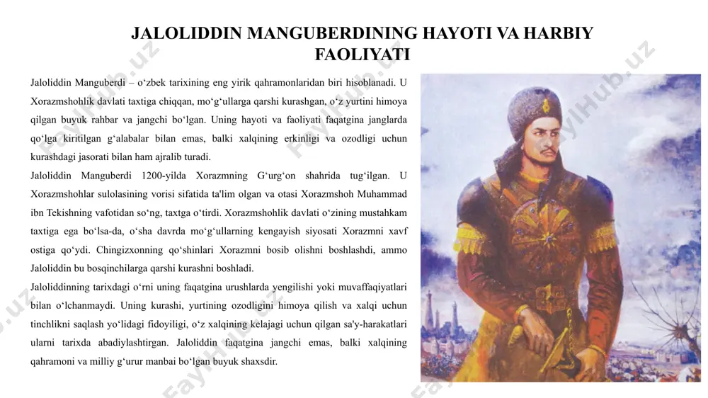 shu jumladan buxoro, samarqand va urganch mo‘g‘ullar tomonidan vayron qilindi. bu davrda jaloliddin manguberdi o‘zining otasidan qolgan davlatni himoya qilish uchun butun kuchini sarfladi, ammo o‘sha paytda uning o‘zining harbiy kuchlari juda cheklangan edi. chingizxonning bosqini xorazmni doimiy ravishda zaiflashtirdi, ammo jaloliddin barcha qiyinchiliklarga qaramay, mamlakatni qayta tiklashga harakat qildi. jaloliddin manguberdi mo‘g‘ullarga qarshi kurashni davom ettirdi va 1221-yilda parvon jangida katta g‘alaba qozondi. bu jangda jaloliddinning qo‘shinlari mo‘g‘ullarga qarshi kurashishda katta muvaffaqiyatga erishdi va o‘zining jangovar mahoratini namoyish etdi. parvon jangidagi g‘alaba jaloliddinning qo‘llab-quvvatlovchilarini ko‘paytirishga va o‘zining mustahkamligini ko‘rsatishga yordam berdi. parvon jangida yutqazganidan so‘ng mo‘g‘ullar vaqtincha orqaga chekingan bo‘lsa-da, bu muvaffaqiyat jaloliddin uchun muhim ahamiyatga ega edi. sind daryosi bo‘yidagi janglar esa jaloliddin manguberdining ko‘plab g‘alabalaridan yana birini tashkil etdi. bu janglarda jaloliddin o‘zining mo‘g‘ullarni yengishdagi qat'iyatini va strategik tafakkurini namoyish etdi. sind daryosi bo‘yidagi janglar xorazmshohlikning mo‘g‘ullarga qarshi kurashda hali ham o‘zining kuchini saqlab qolganligini ko‘rsatdi. jaloliddin …