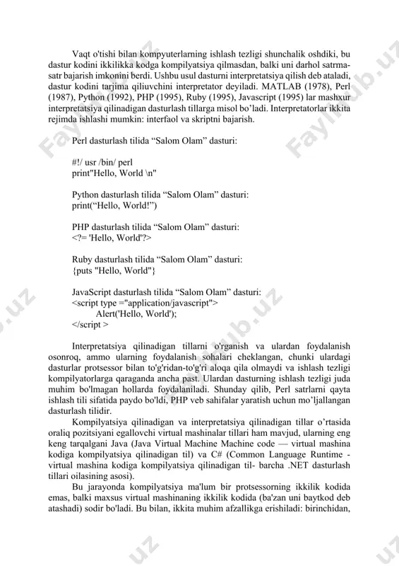 yangi standartini qo'llab-quvvatlaydigan zamonaviy kompilyatorlarda ishlaydi): programhello write(* ,*) ‘hello, world!’ end albatta, fortran dasturlash tilida yozilgan dasturni ikkilik kodga tarjima qilishni talab qilinadi, bunda assemblerdan farqli o'laroq, oddiy birma-bir translyatsiya qilish mumkin emas edi. shuning uchun assemblerda maxsus dastur — kompilyator yozilgan. shuning uchun bunday dastrlash tillari kompilyatsiya qilinadigan deb nomlanadi. kompyuter arxitekturasi o'zgarganda, har bir til uchun kompilyatorni qayta yozish kerak, chunki u assemblerda yozilgan. kompilyatsiya qilinadigan tillar: fortran (1958), algol (1960), c (1970) va uning avlodlari (c++, d, vala), paskal (1970) va uning avlodlari (delphi, freepascal/lazarus) zamonaviy dasturlashning asosidir. paskal dasturlash tilida “salom olam” dasturi: program hello; begin write(“hello, world”); end. c dasturlash tilidagi “salom olam!” dasturi: #include intmain() { printf ('hello, world'); return0; } vaqt o'tishi bilan kompyuterlarning ishlash tezligi shunchalik oshdiki, bu dastur kodini ikkilikka kodga kompilyatsiya qilmasdan, balki uni darhol satrma-satr bajarish imkonini berdi. ushbu usul dasturni interpretatsiya qilish deb ataladi, dastur kodini tarjima …