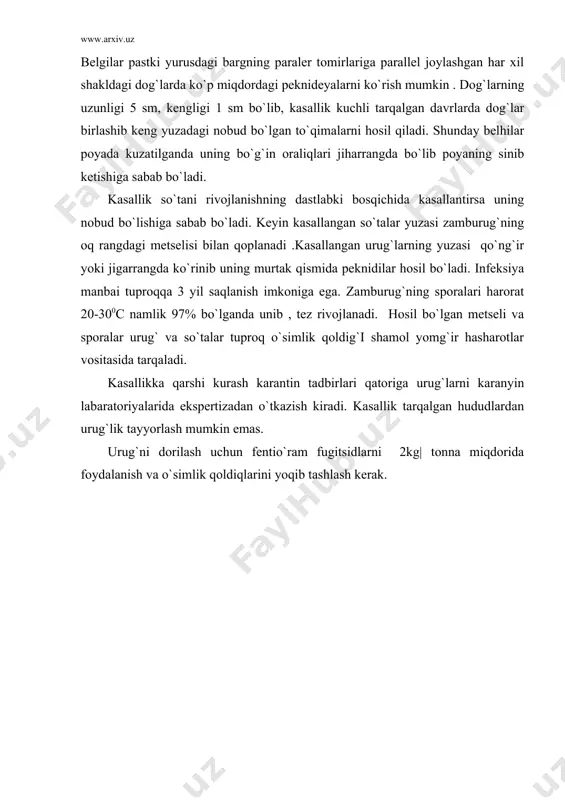 llik tarqalgan hududlardan urug`lik tayyorlash mumkin emas. urug`ni dorilash uchun fentio`ram fugitsidlarni 2kg| tonna miqdorida foydalanish va o`simlik qoldiqlarini yoqib tashlash kerak. adabiyotlar: 1. voronkova a.v. i dr. – karantin rasteniy. moskva. agropromizdat, 1986.255 str. 2. dementyeva m.i. – fitopatologiya. moskva 1985. 3. pospelov s.m., shestiperova z.i., doljenko i.k. – osnovы karantina rasteniy. moskva, agropromizdat, 1985 4. peresыpkin v.f.selskoxozyaystvennaya fitopatologiya.agrop.moskva 1989. 5. jumaniyozov m., safarov m.d., sangis f.t., sichev a.sh. – respublika o`simliklar karantini davlat bosh inspeksiyasi 6. o`zbekiston respublika hududini karantindan zararkunandalar, o`simlik kasalliklari va begona o`tlardan muhofaza qilishga doir qonun hujjatlari. 2000 7. i.a.karimov. “o`zbekiston xxi asrga intilmoqda”. toshkent 2000 y. 8. i.a.karimov. “milliy davlatchilik istiqlol mafkurasi va huquqiy madaniyat to`g`risida”. toshkent 1999 y. 9. i.a.karimov. “barkamol avlod – o`zbekiston taraqqiyotining poydevori”. toshkent 1997 y. 10. karimov i.a. “qishloq xo`jalik taraqqiyoti to`kin hayot manbai”. o`zbekiston respublikasi oliy majlisining x sessiyasida so`zlagan nutqi. 1997 yil 25-dekabr. 11. qishloq xo`jaligida …