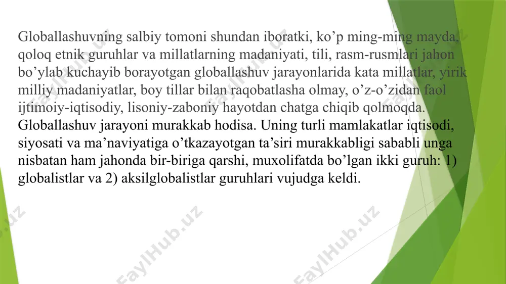 asligiga erishish niyati, «parchalab tashla va hukmronlik qil» degan ko’p sinalgan siyosatni davom ettirish. uchinchi sabab - iqtisodiy kamsitishlar, kalondimog’lik. boshqa madaniyat, boshqa sivilizatsiyaning, xususan, ko’p asrlik ildizlariga ega sharq falsafasining bir qismi bo’lgan islom sivilizatsiyasining fazilatlarini, umuman, islomning o’zini yaxshi bilmaslik, tushunmaslik hollari kabi sabablarni ham ko’rsatib o’tish mumkin. image1.jpg image2.jpg image3.jfif image4.png image5.jfif image6.jpg image7.jpeg image8.png /docprops/thumbnail.jpeg